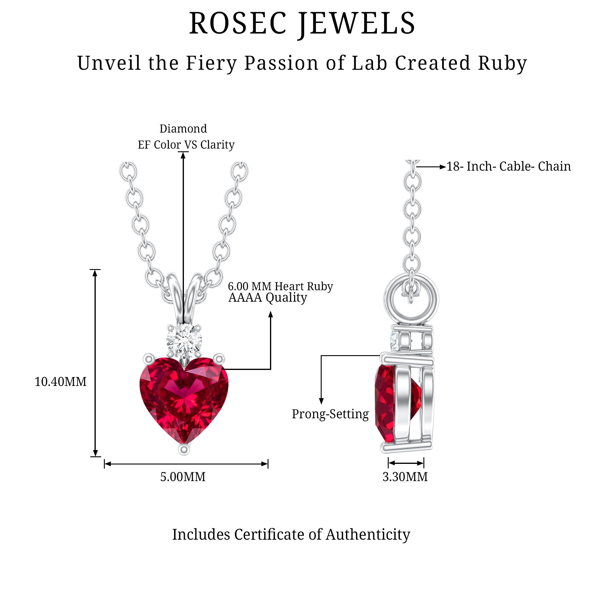 0.9 Carat Certified Lab Grown Ruby Heart Necklace with Diamond AAAA - Rosec Jewels