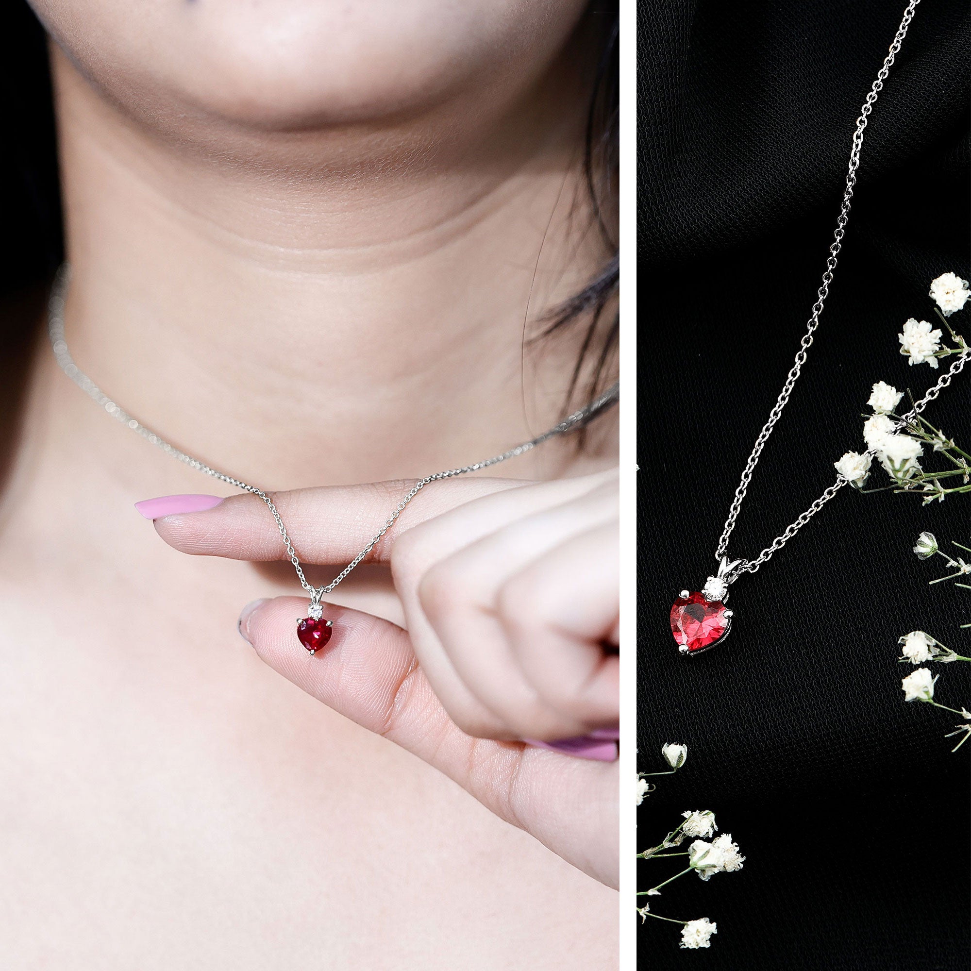 0.9 Carat Certified Lab Grown Ruby Heart Necklace with Diamond AAAA - Rosec Jewels