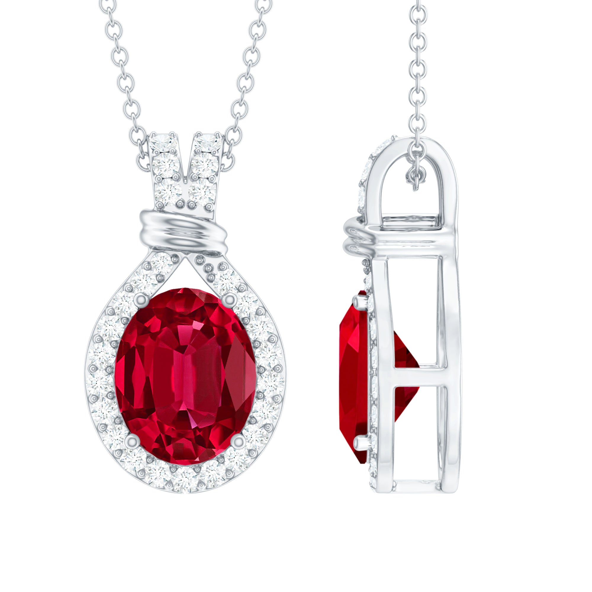 Classic Lab Grown Ruby Drop Pendant Necklace With Diamond Halo AAAA - Rosec Jewels