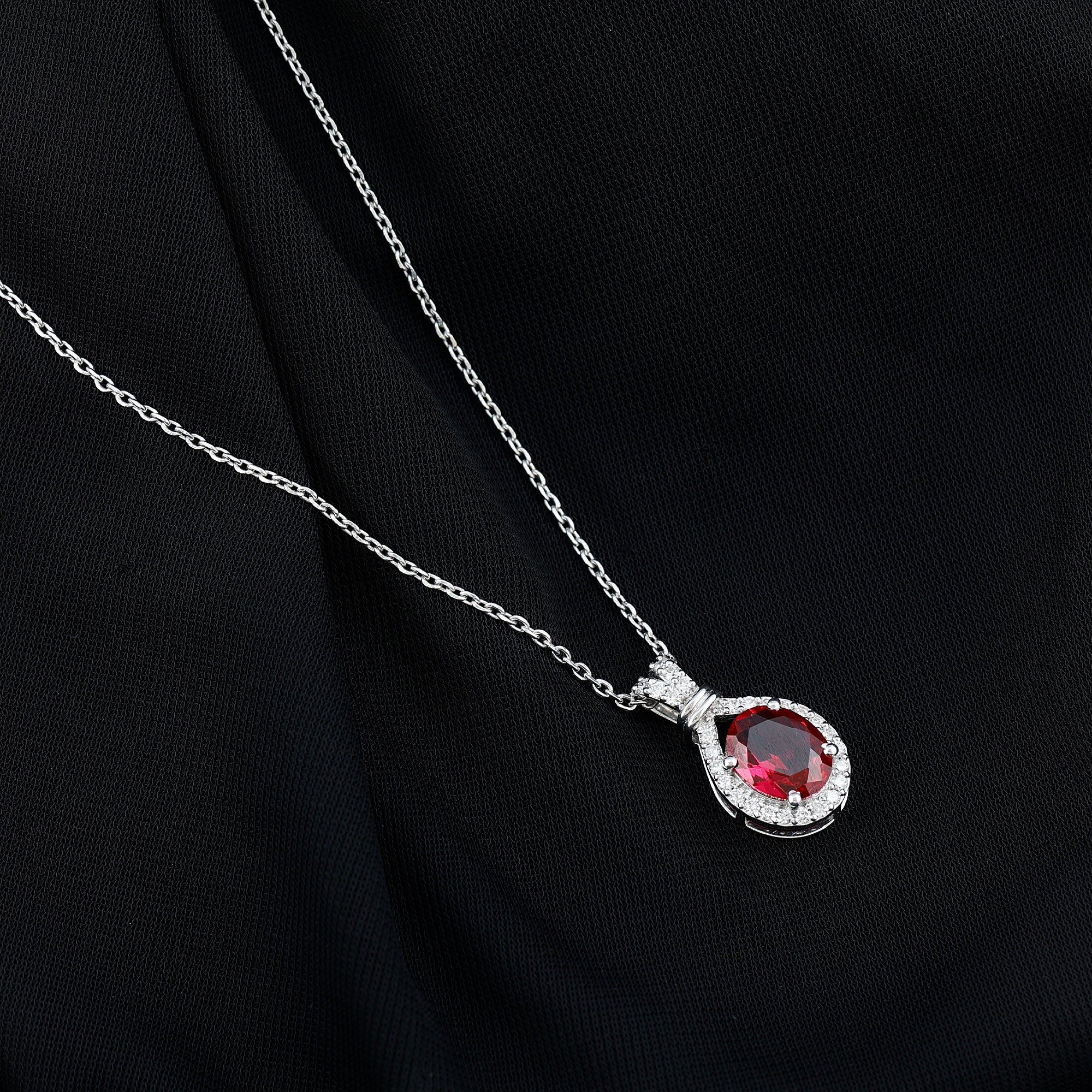 Classic Lab Grown Ruby Drop Pendant Necklace With Diamond Halo AAAA - Rosec Jewels