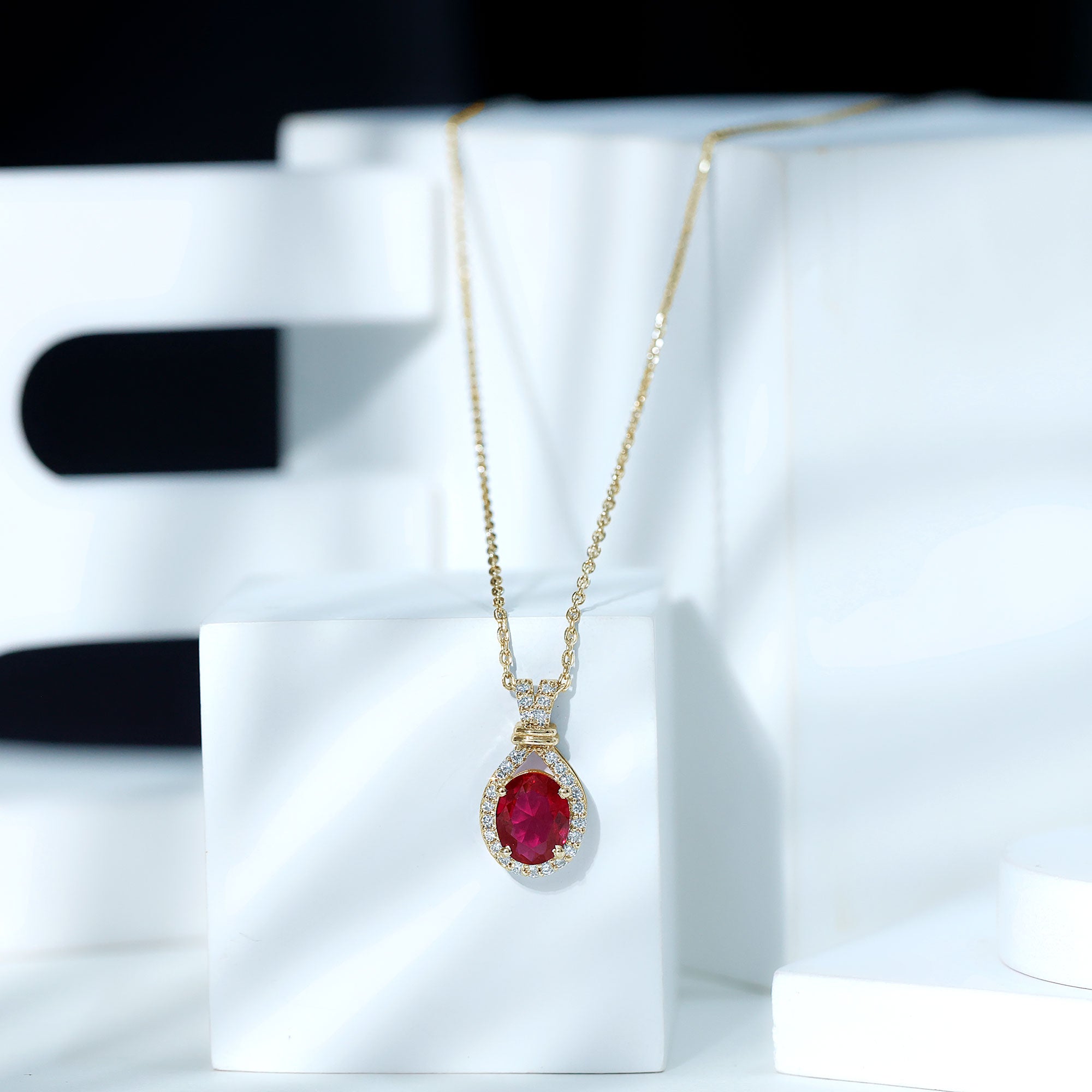 Classic Lab Grown Ruby Drop Pendant Necklace With Diamond Halo AAAA - Rosec Jewels
