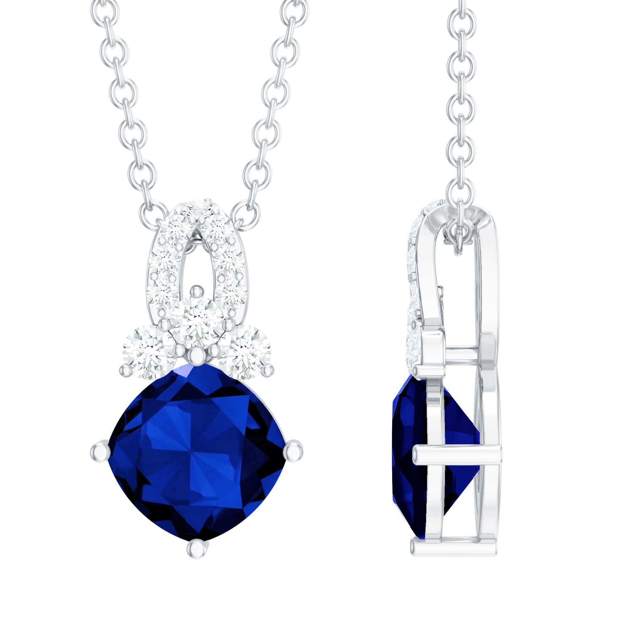Cushion Cut Lab Grown Blue Sapphire Solitaire Necklace with Diamond