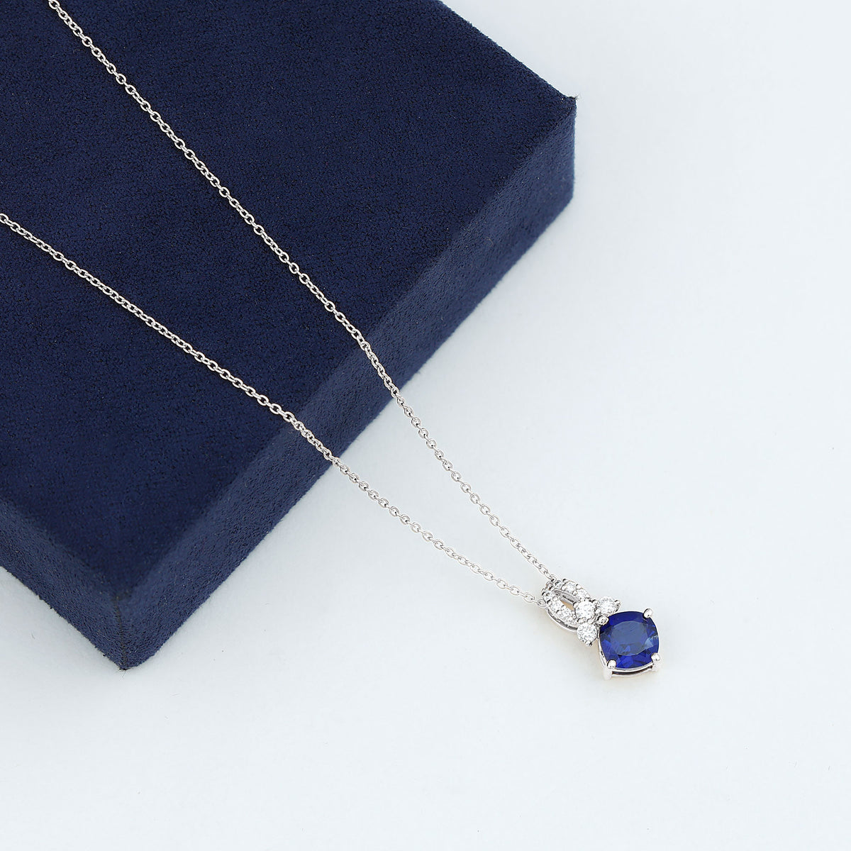 Cushion Cut Lab Grown Blue Sapphire Solitaire Necklace with Diamond AAAA - Rosec Jewels