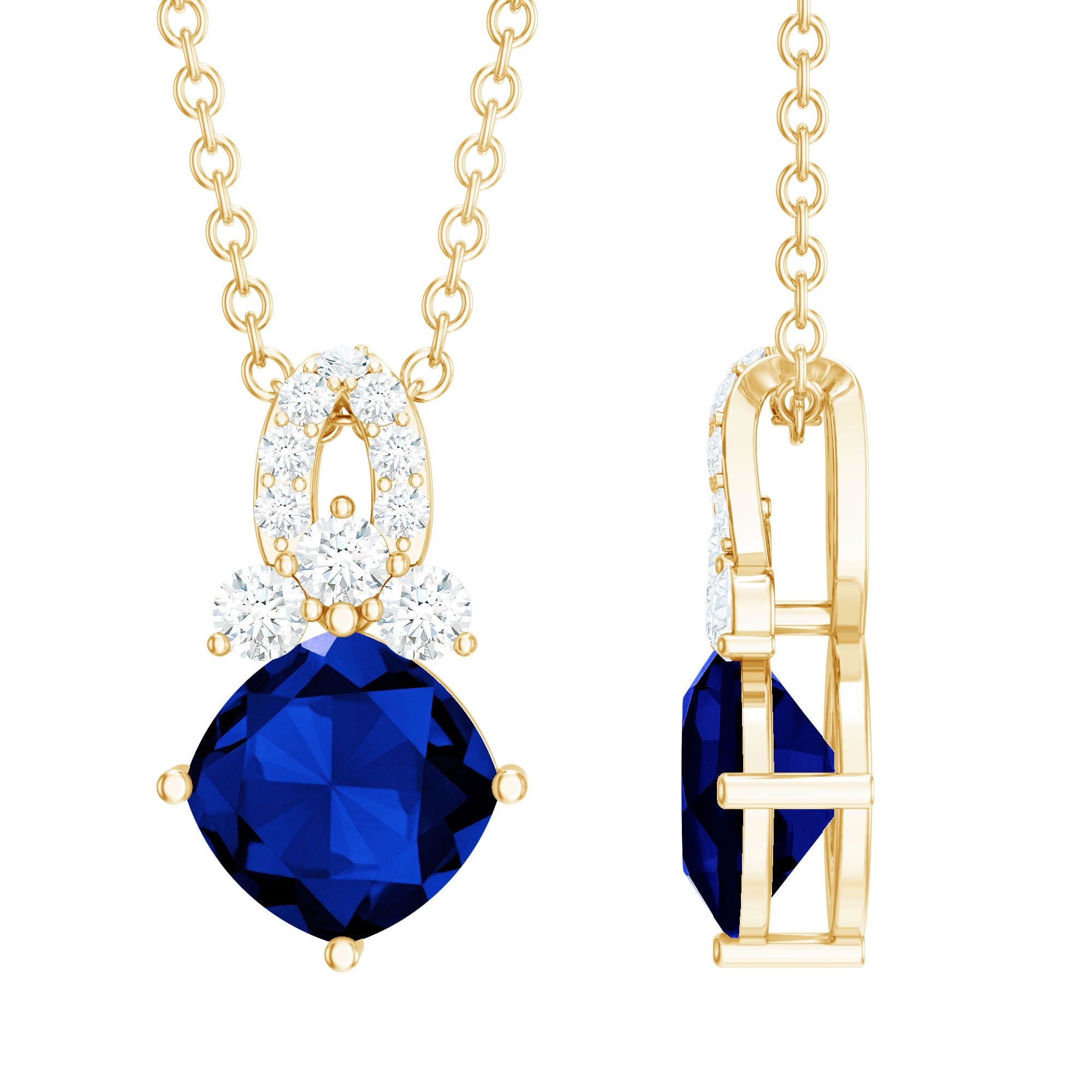 Cushion Cut Lab Grown Blue Sapphire Solitaire Necklace with Diamond AAAA - Rosec Jewels