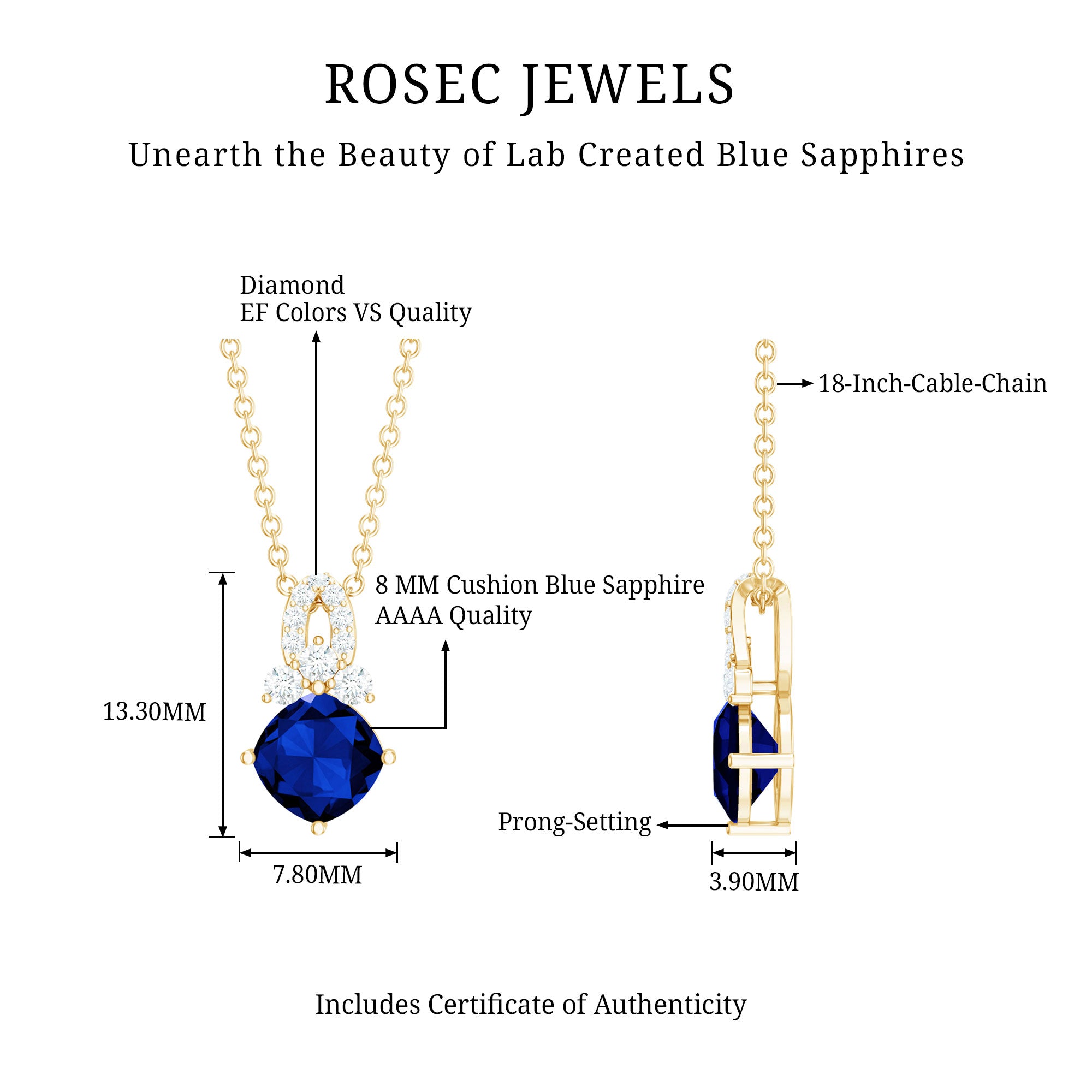Cushion Cut Lab Grown Blue Sapphire Solitaire Necklace with Diamond AAAA - Rosec Jewels