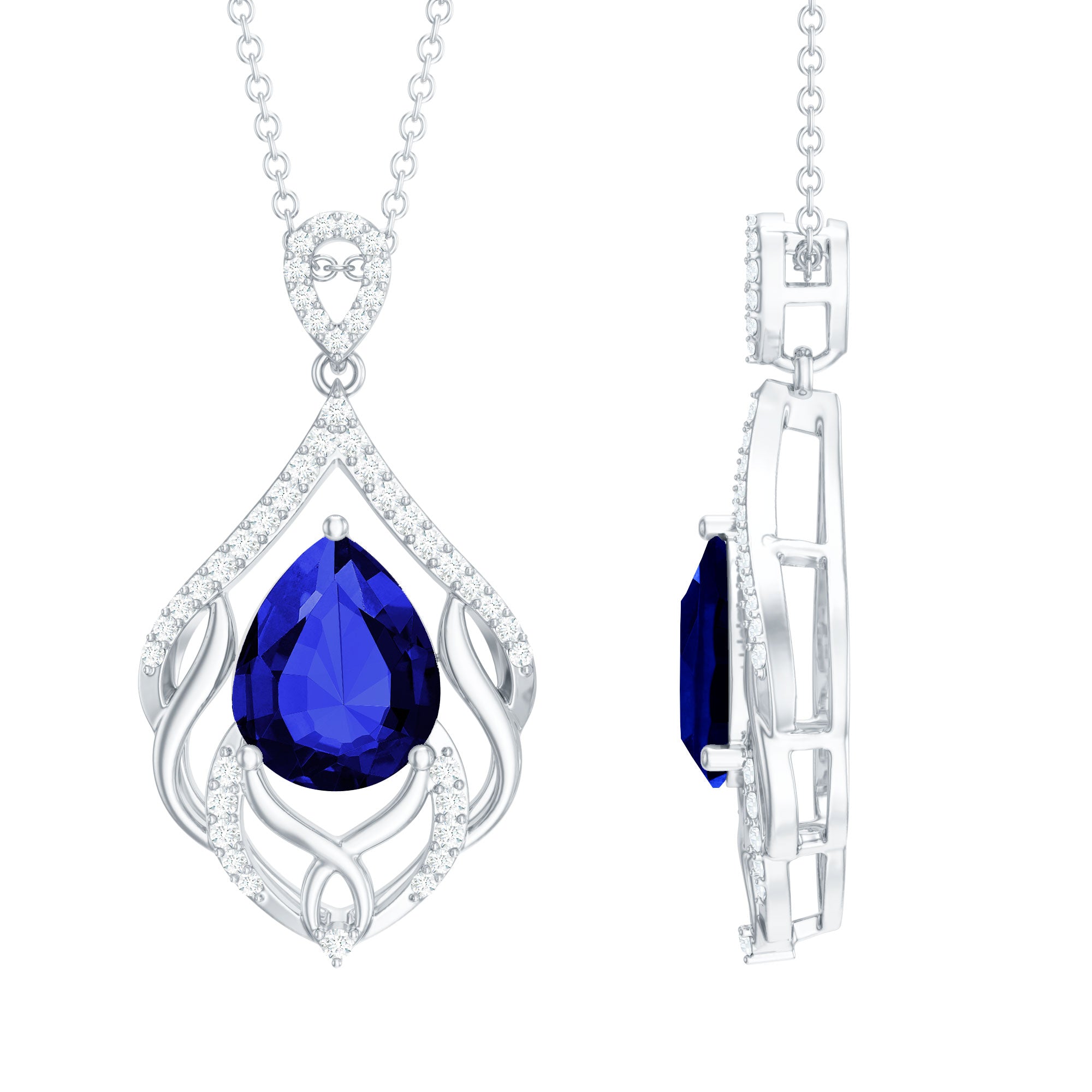 Certified Lab Grown Blue Sapphire Designer Necklace with Diamond Accent AAAA - Rosec Jewels