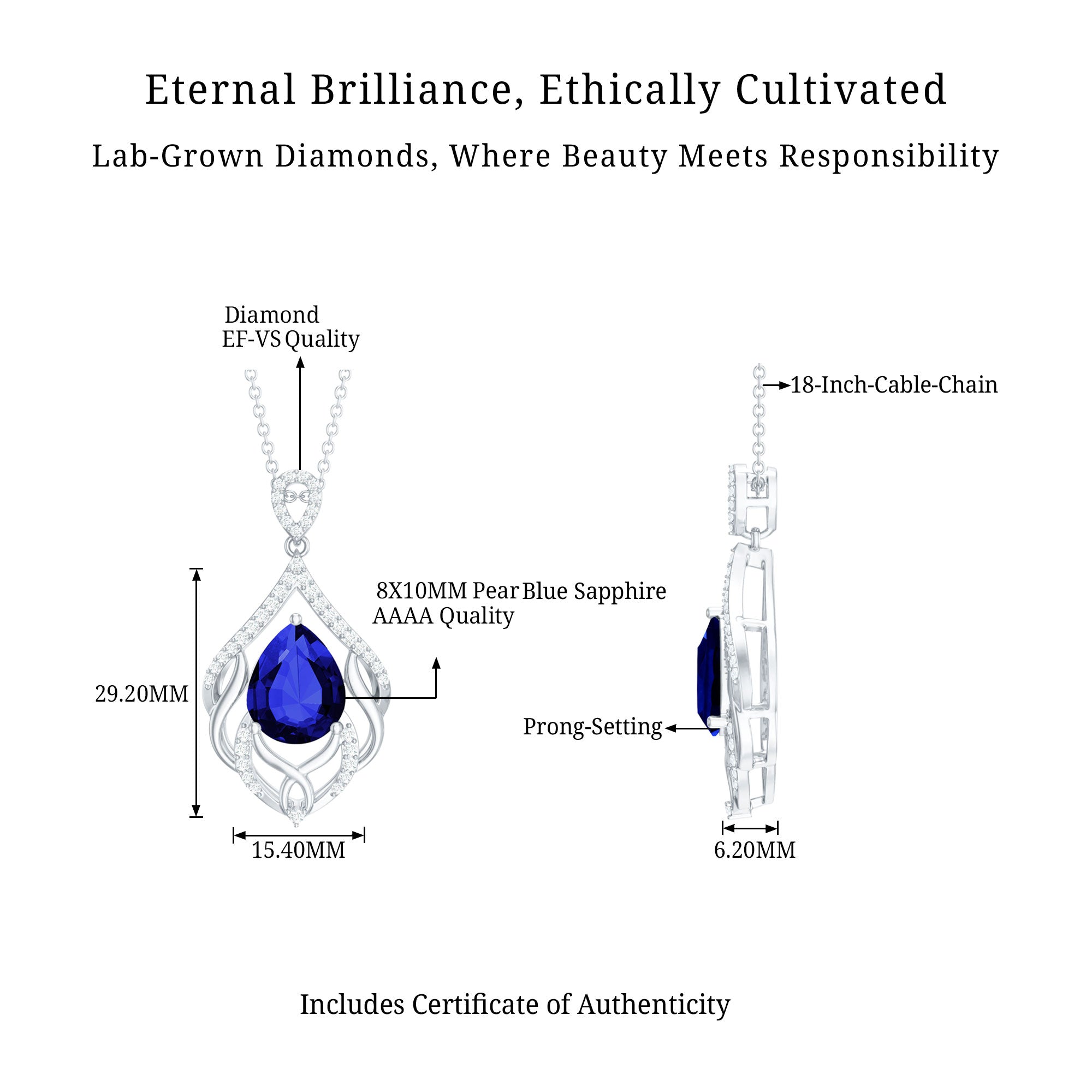 Certified Lab Grown Blue Sapphire Designer Necklace with Diamond Accent AAAA - Rosec Jewels