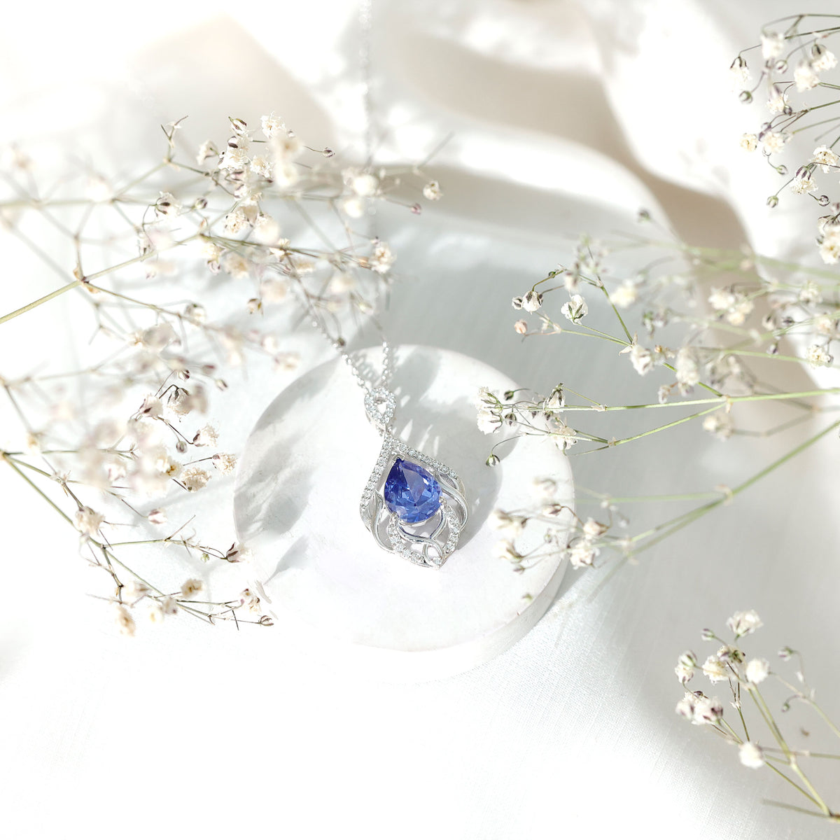 Certified Lab Grown Blue Sapphire Designer Necklace with Diamond Accent AAAA - Rosec Jewels