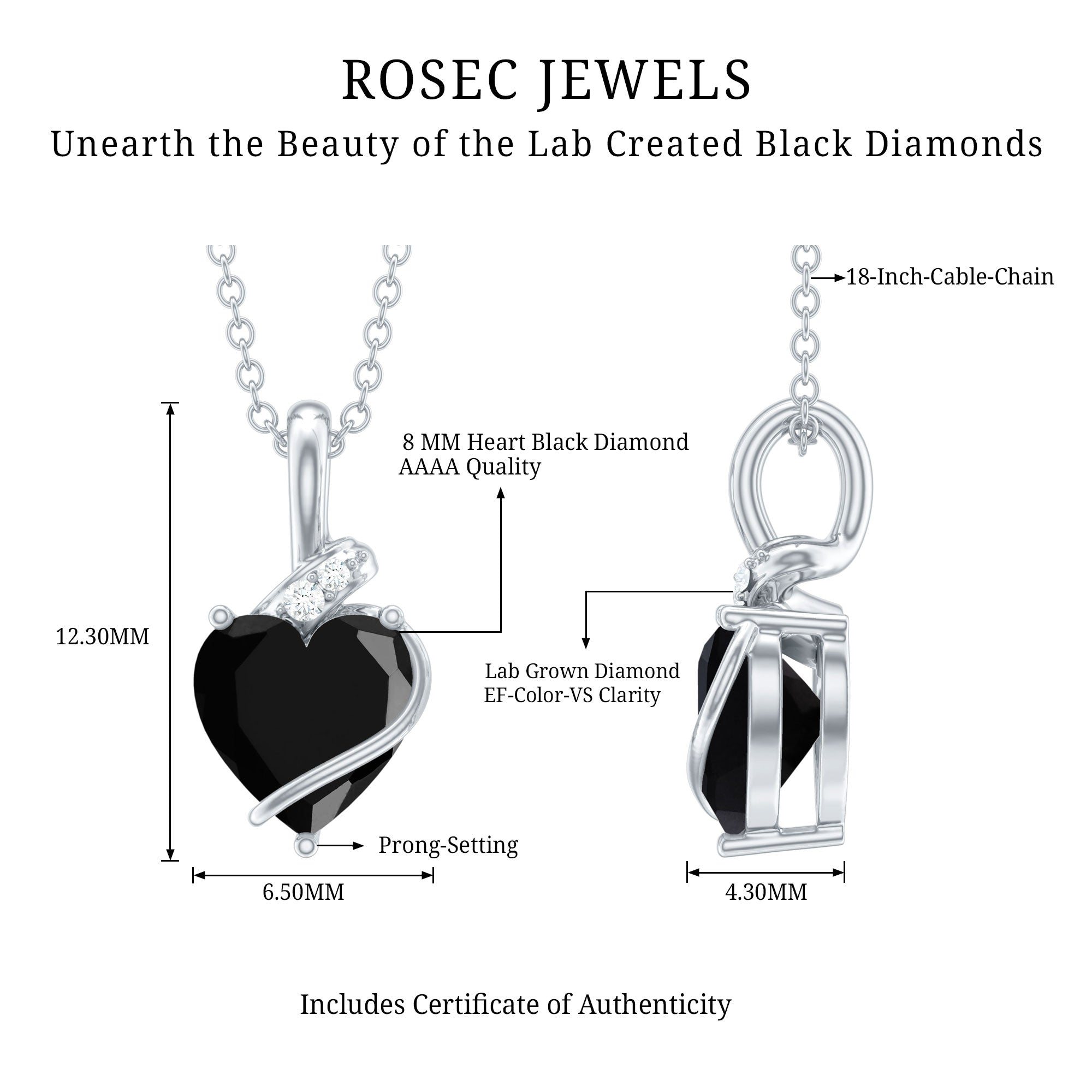 Certified 8 MM Lab Grown Black Diamond Heart Necklace AAAA ( Synthetic ) - Rosec Jewels