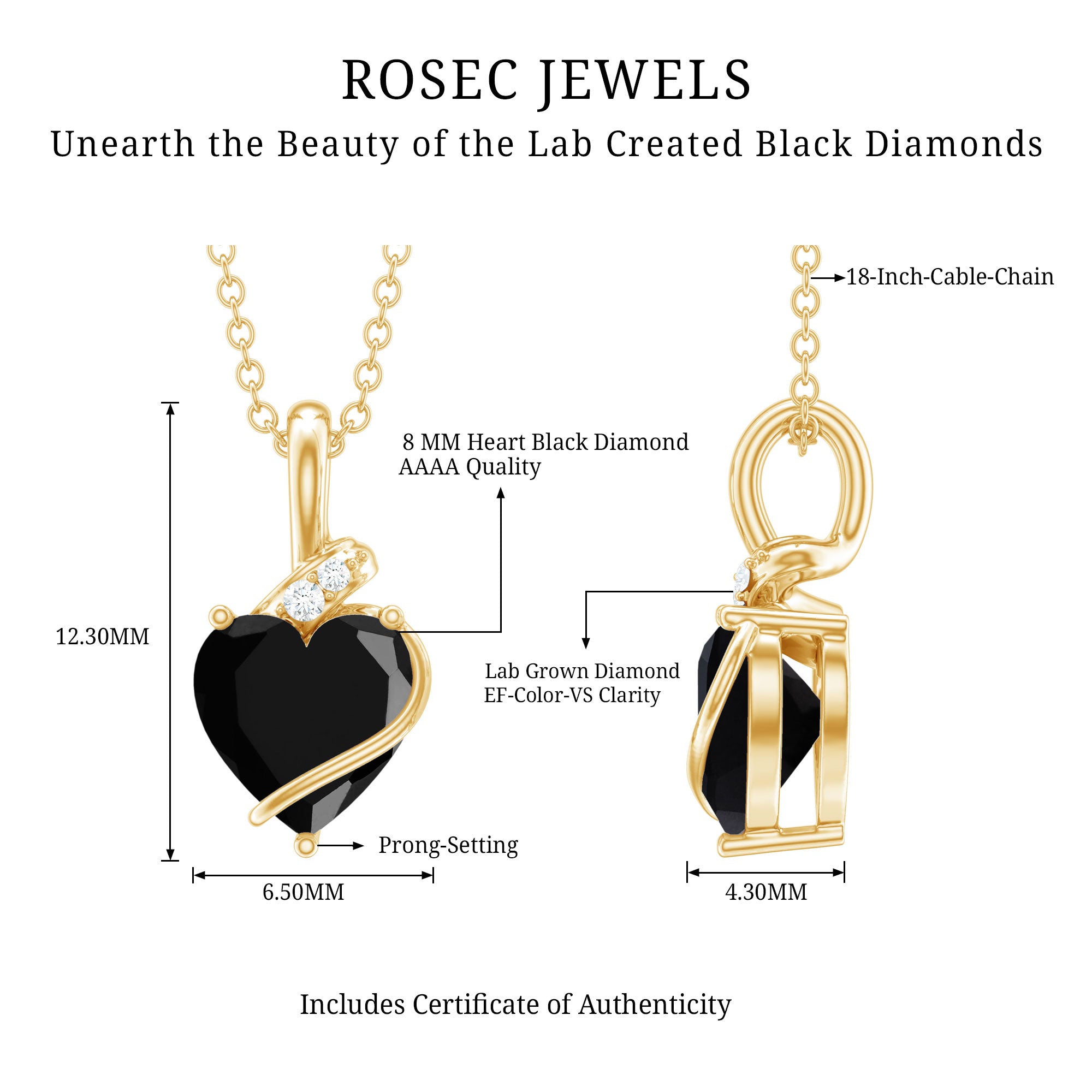 Certified 8 MM Lab Grown Black Diamond Heart Necklace AAAA ( Synthetic ) - Rosec Jewels