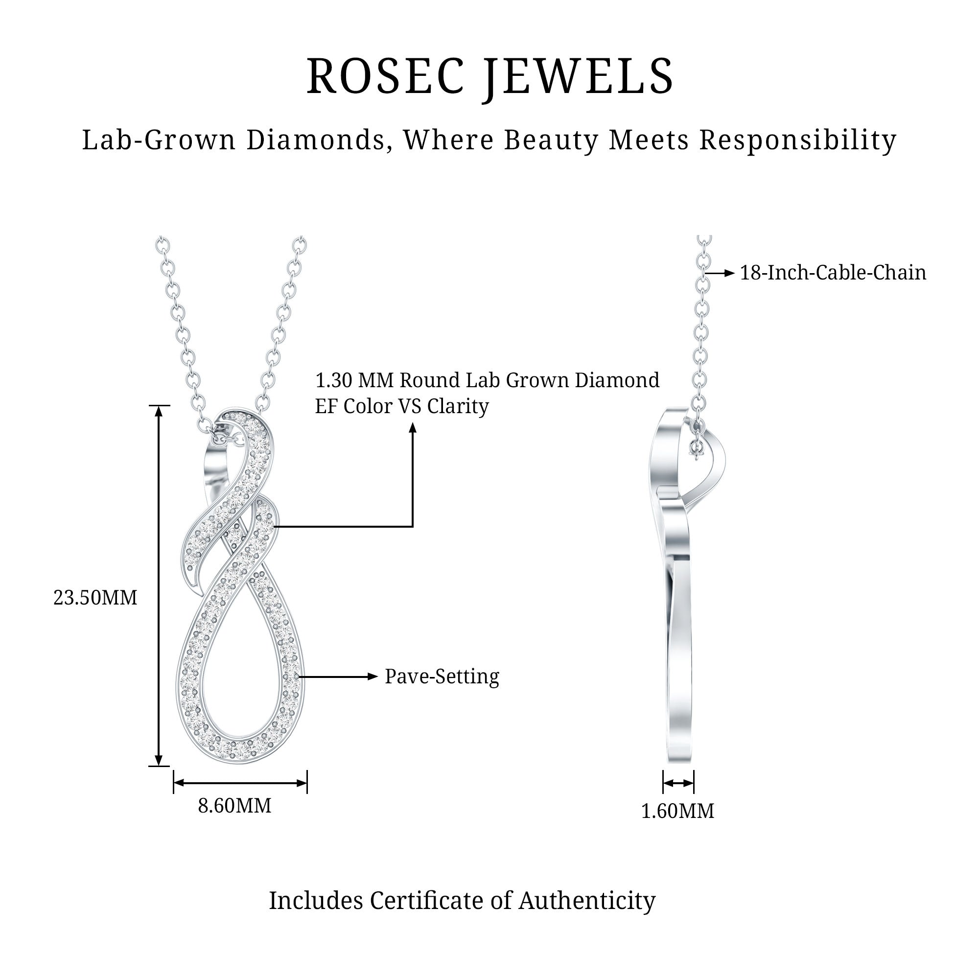 Certified Lab Grown Diamond Infinity Pendant Necklace Lab - ( EF-VS ) - Rosec Jewels