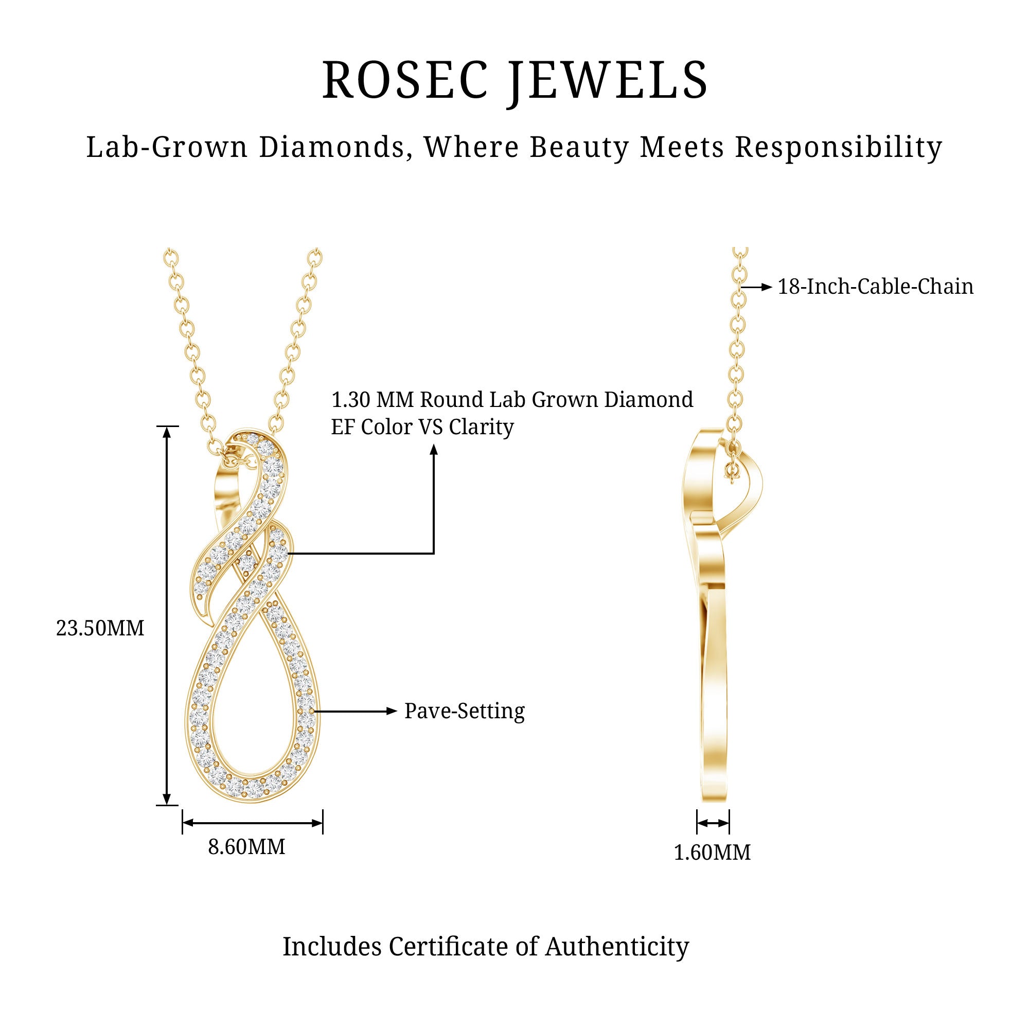 Certified Lab Grown Diamond Infinity Pendant Necklace Lab - ( EF-VS ) - Rosec Jewels