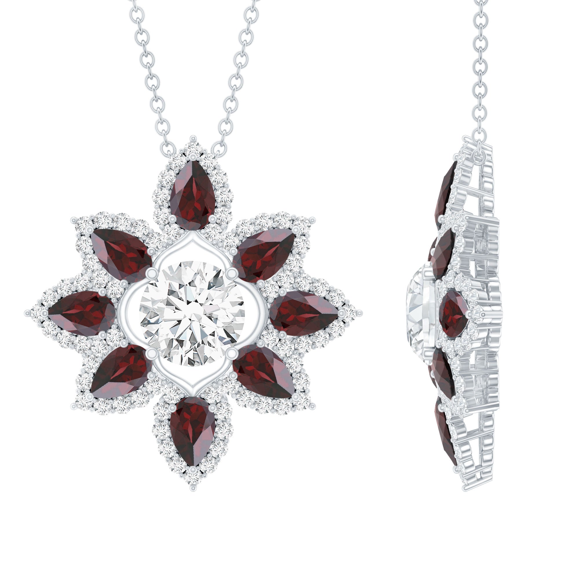Certified Lab Grown Diamond Flower Pendant With Garnet Lab - ( EF-VS ) - Rosec Jewels