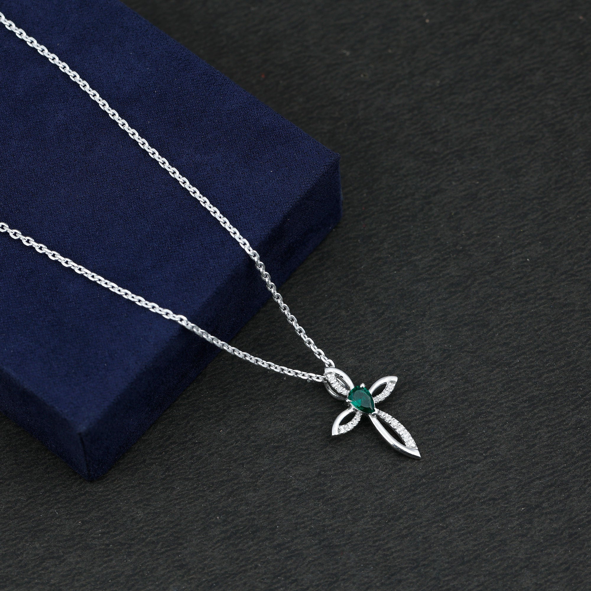 Pear Cut Emerald Cross Pendant With Lab Grown Diamond AAA - Rosec Jewels