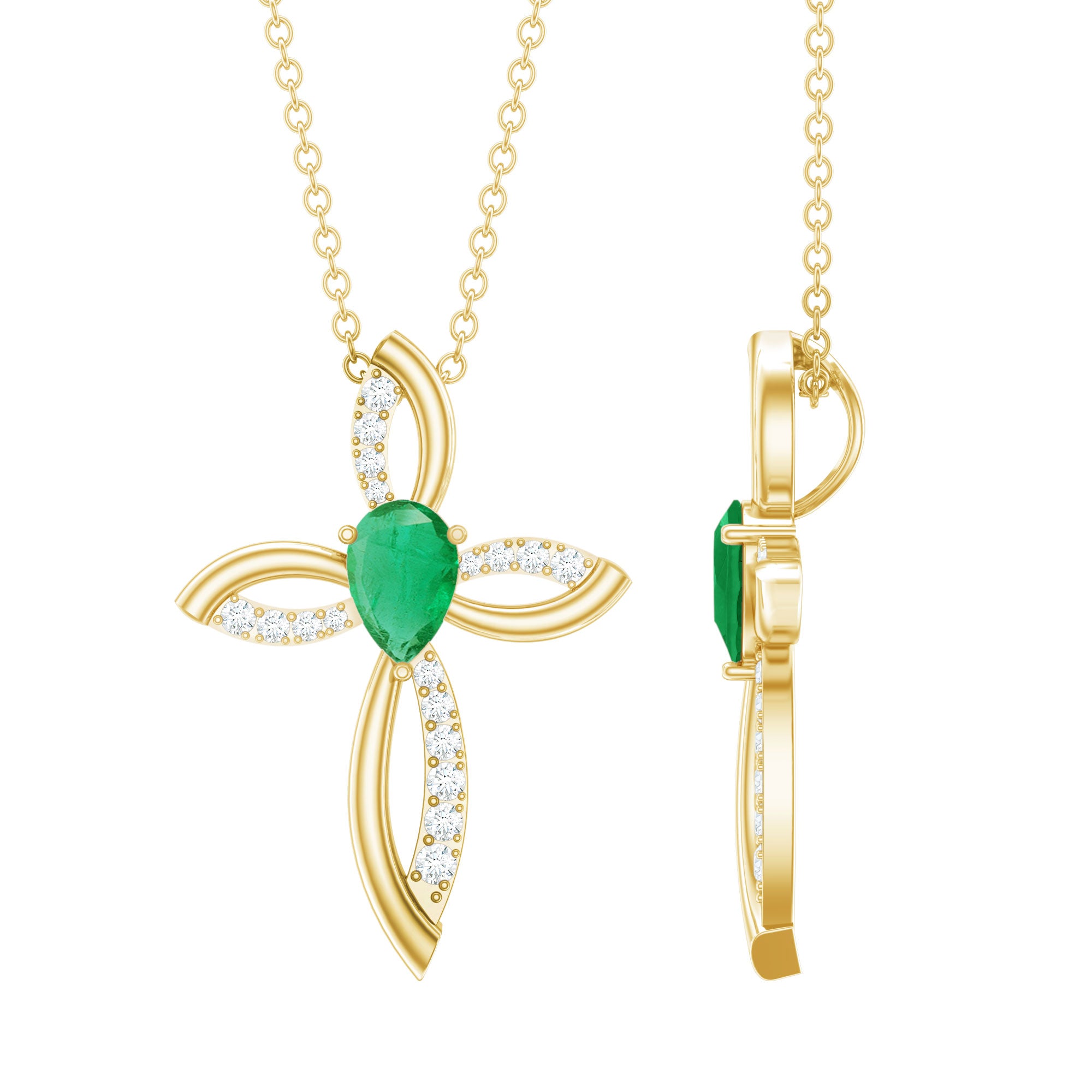 Pear Cut Emerald Cross Pendant With Lab Grown Diamond AAA - Rosec Jewels