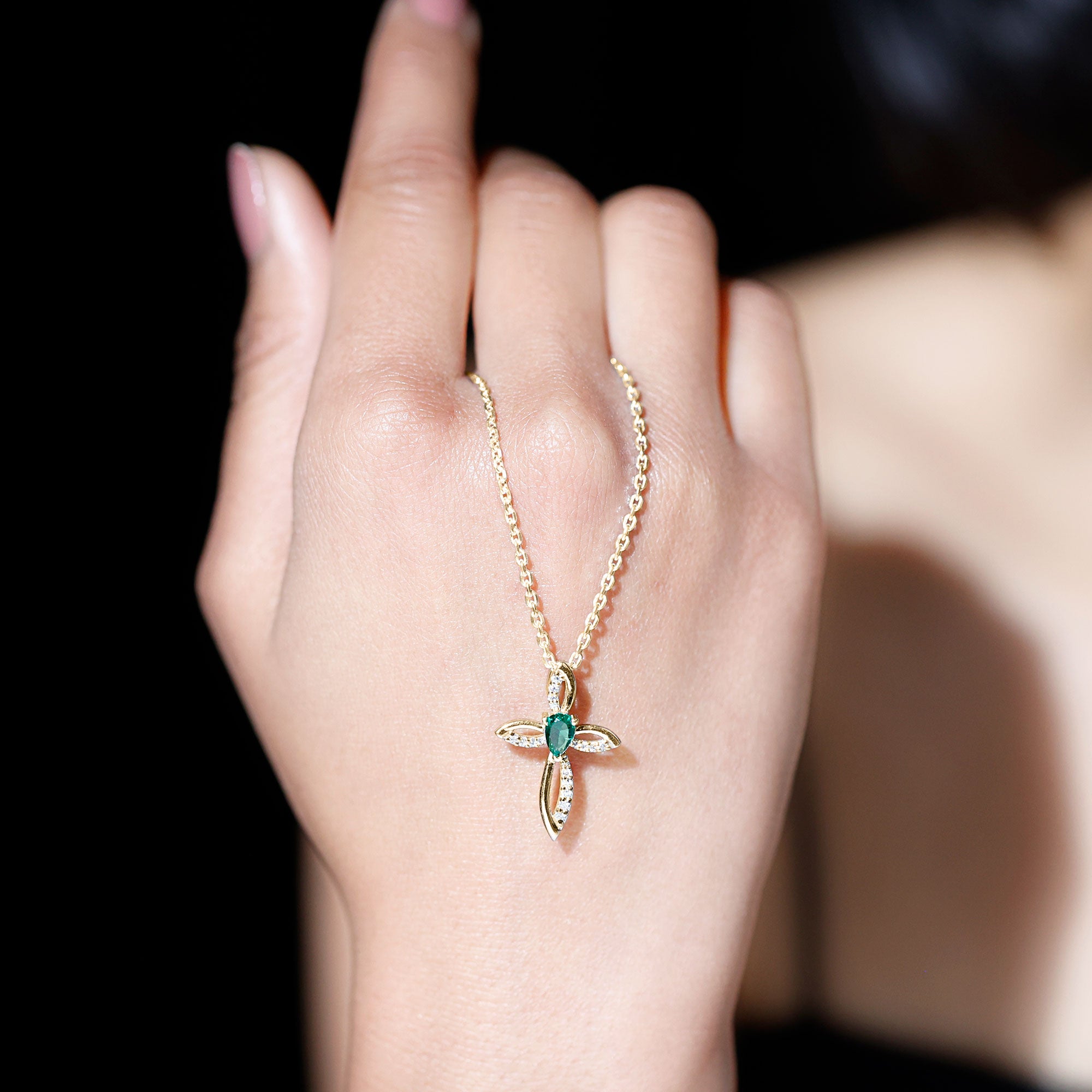 Pear Cut Emerald Cross Pendant With Lab Grown Diamond AAA - Rosec Jewels