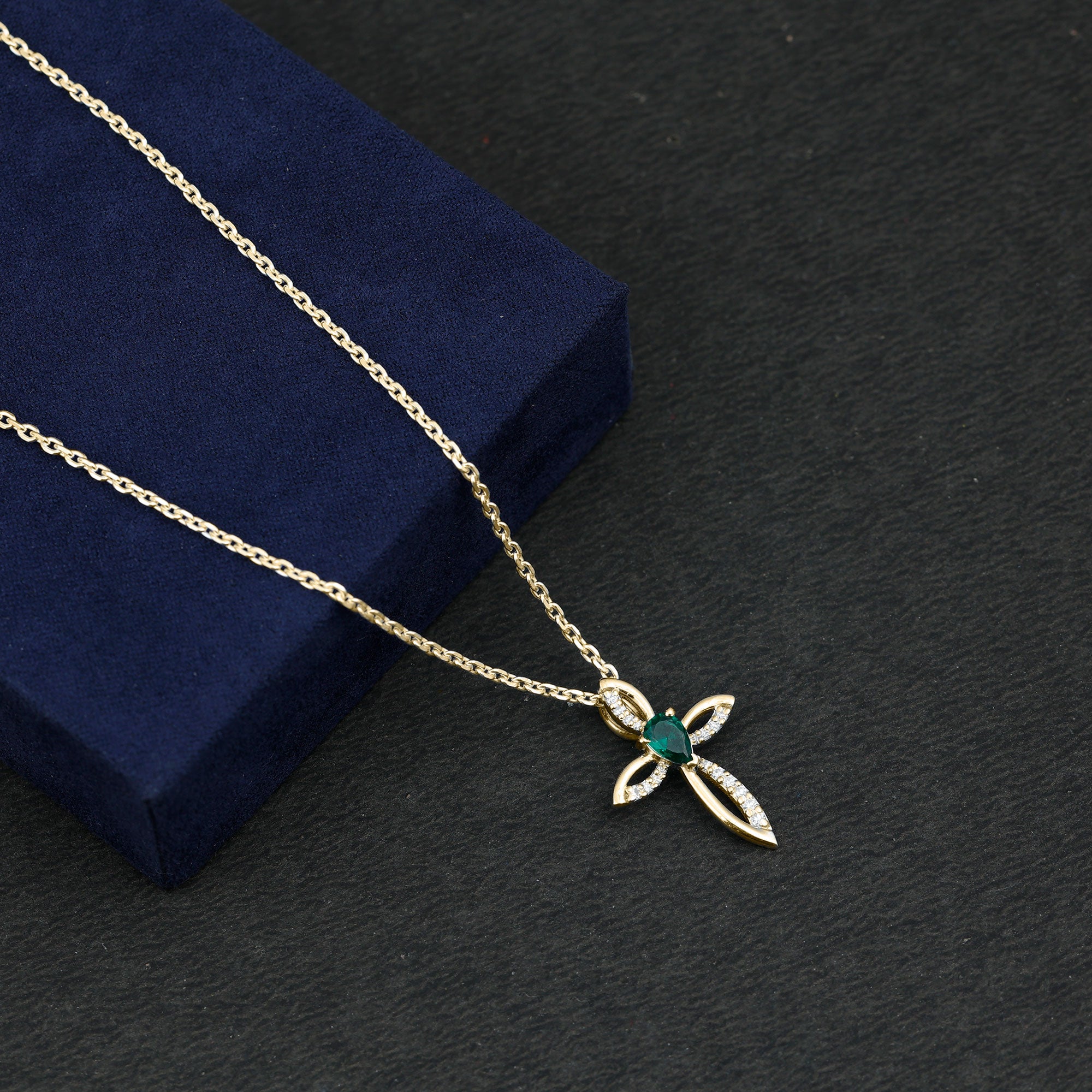 Pear Cut Emerald Cross Pendant With Lab Grown Diamond AAA - Rosec Jewels