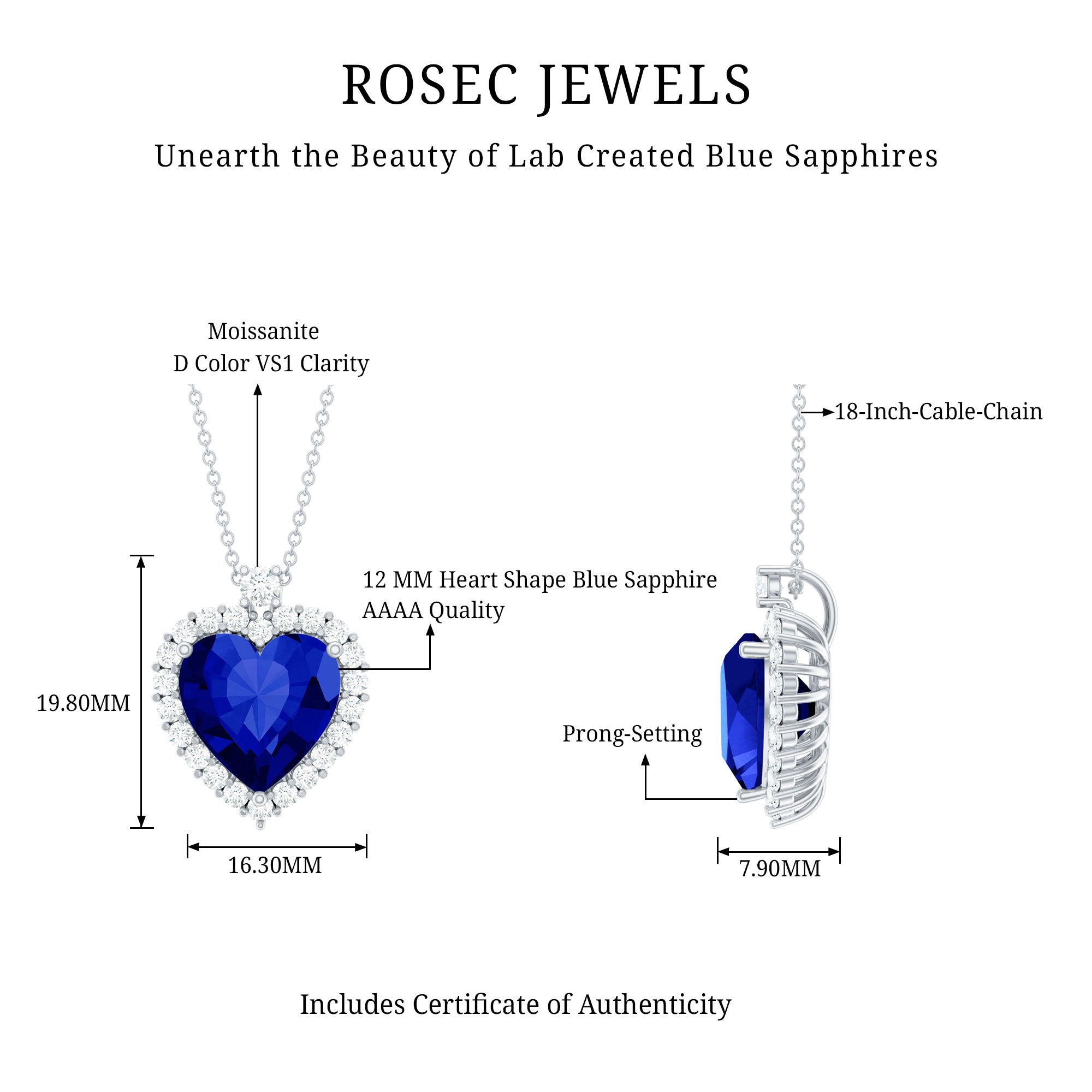 Lab Grown Blue Sapphire Heart of the Ocean Necklace AAAA - Rosec Jewels