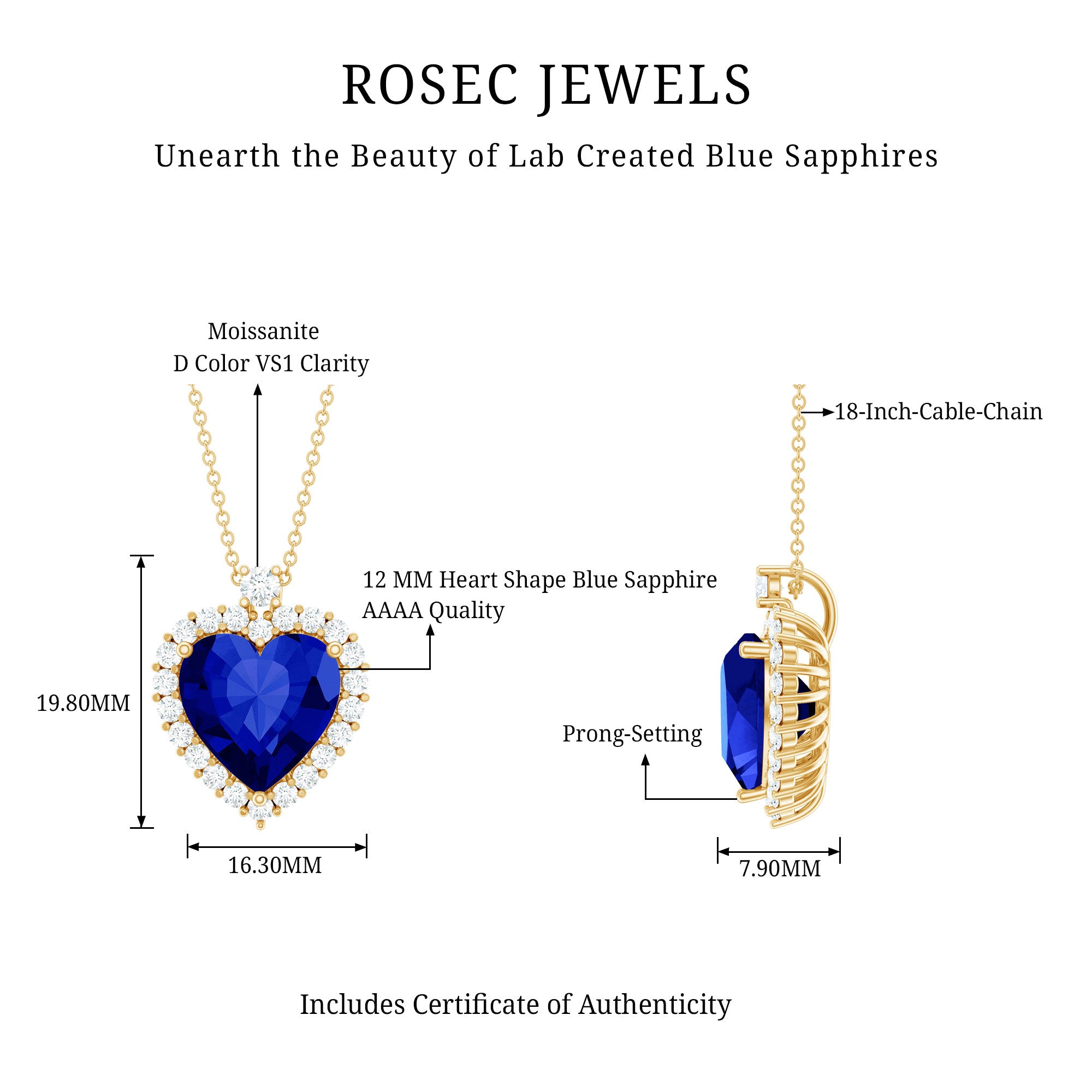 Lab Grown Blue Sapphire Heart of the Ocean Necklace AAAA - Rosec Jewels