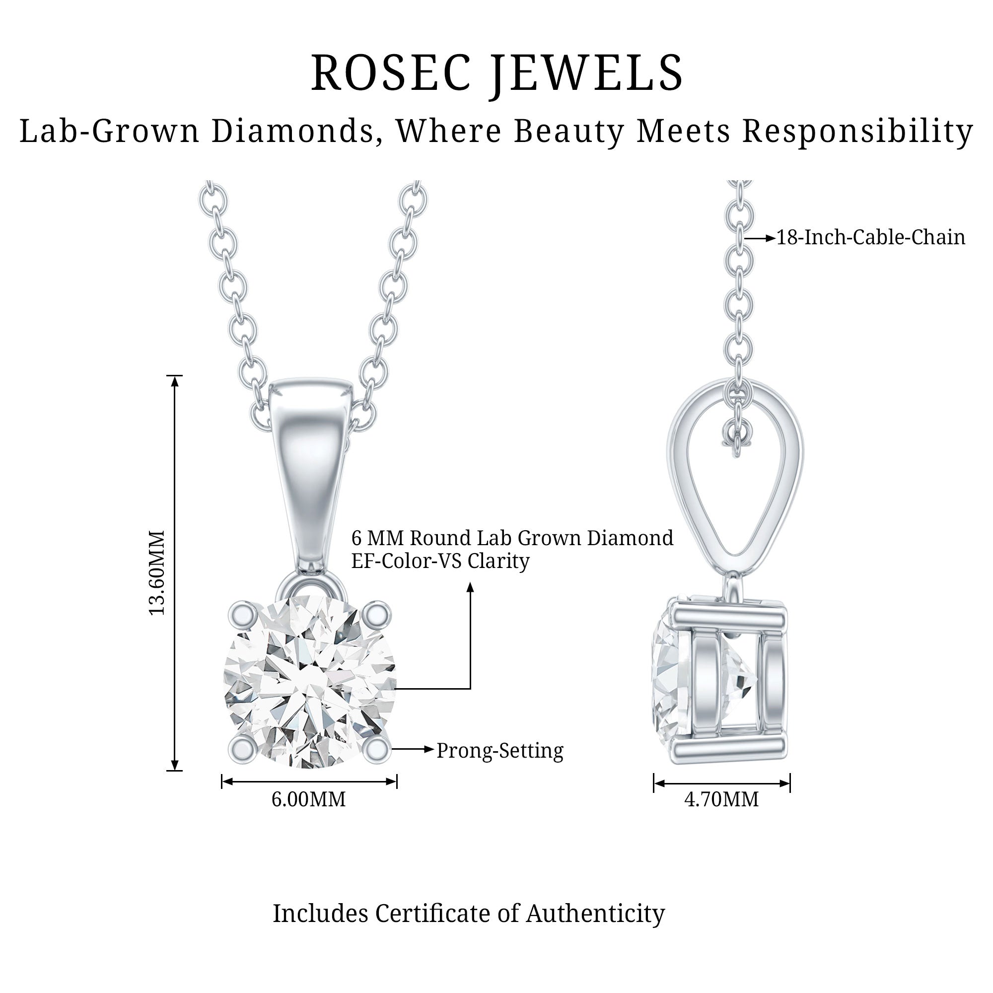 IGI Certified 1 CT Lab Grown Diamond Solitaire Pendant Lab - ( E-VS1 ) - Rosec Jewels