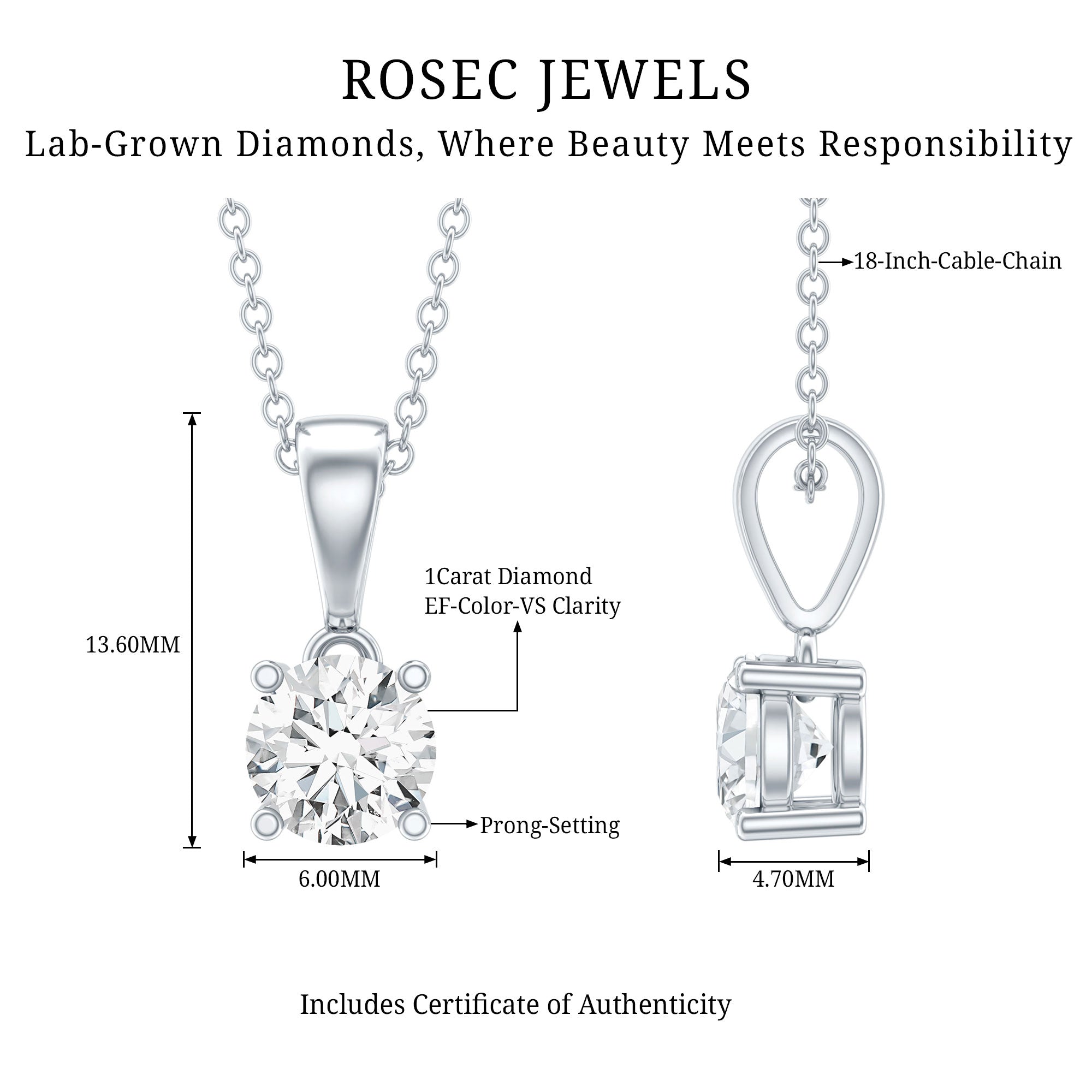 IGI Certified 1 CT Lab Grown Diamond Solitaire Pendant Lab - ( E-VS1 ) - Rosec Jewels