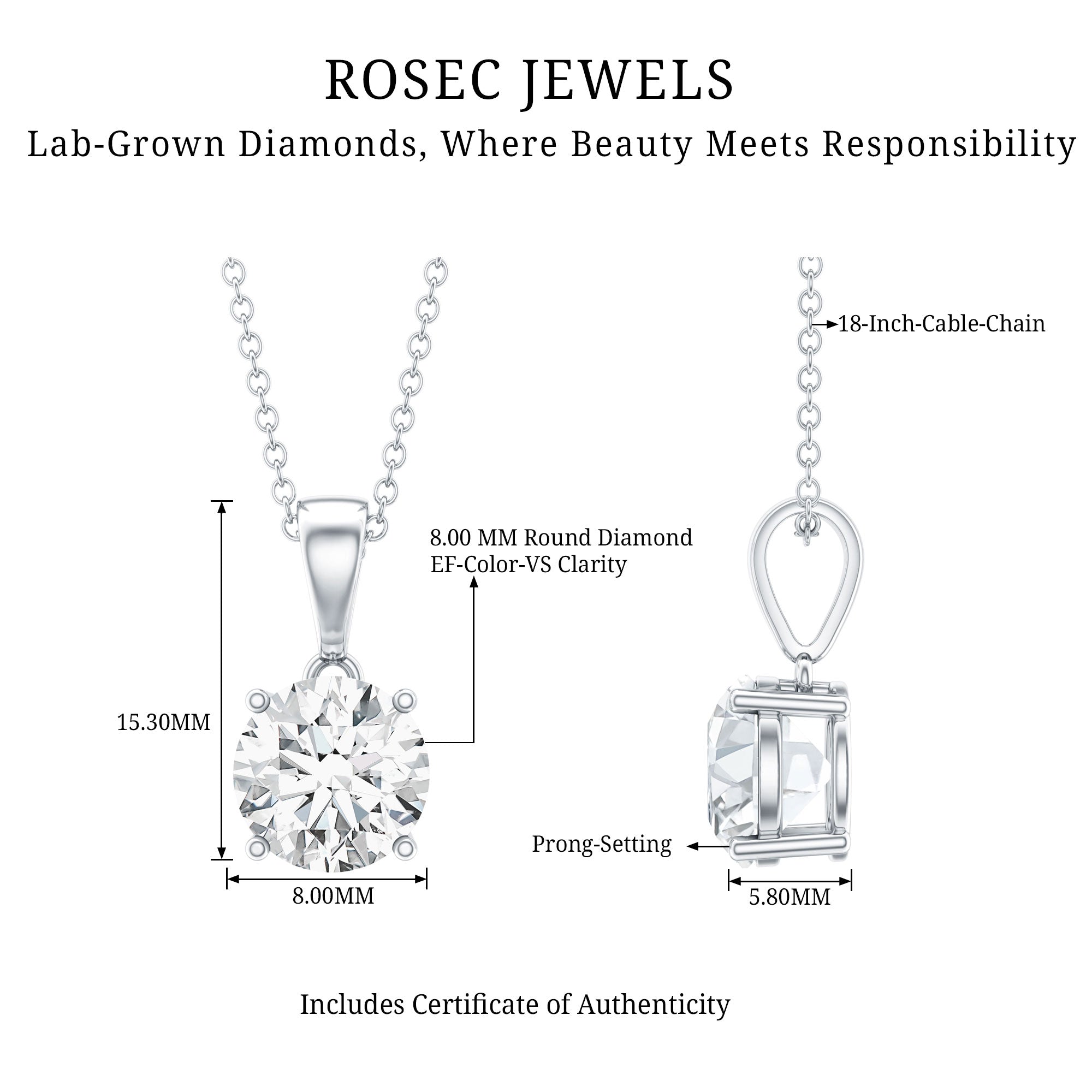 Rosec Jewels-2 Carat IGI Certified Lab Grown Diamond Pendant Necklace