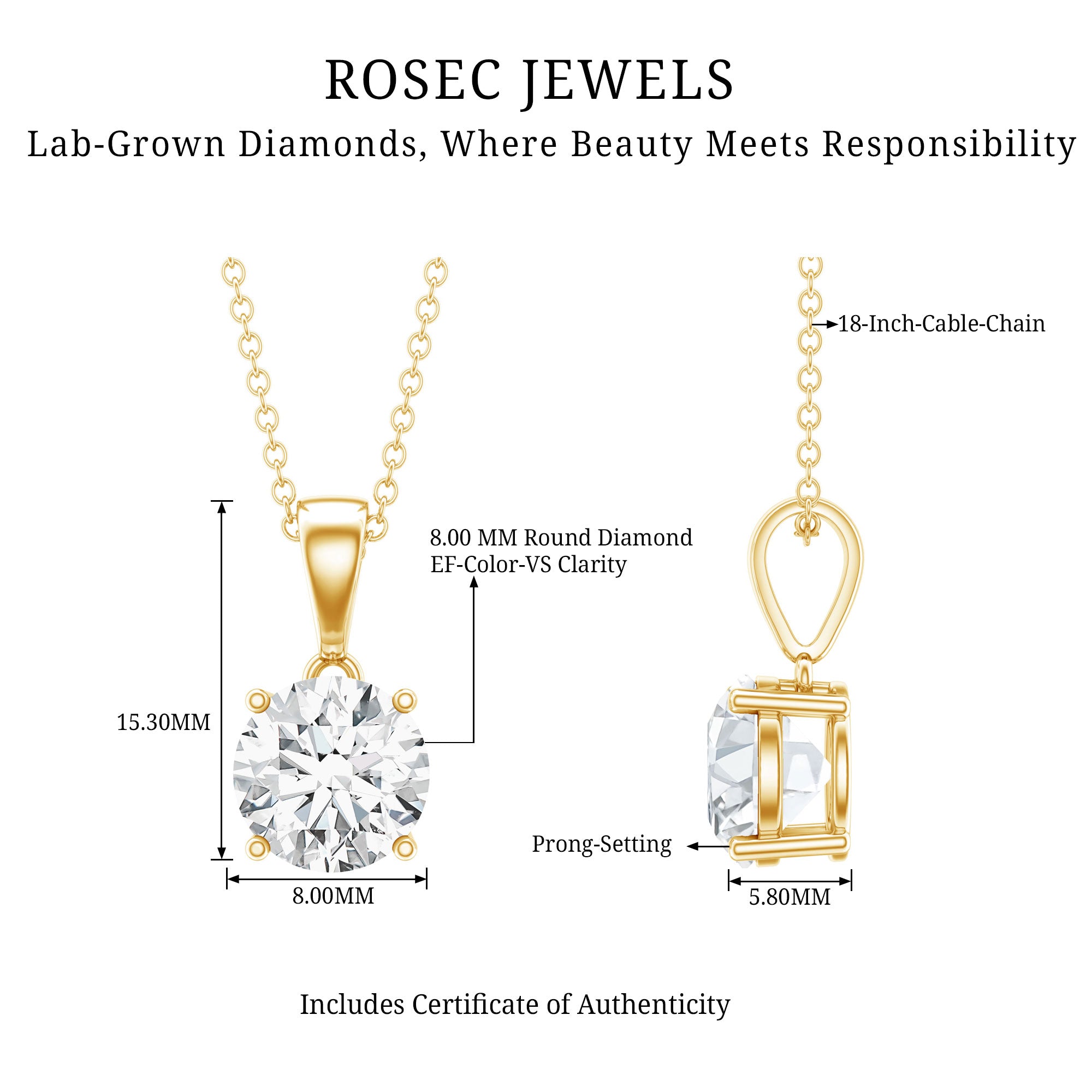 Rosec Jewels-2 Carat IGI Certified Lab Grown Diamond Pendant Necklace