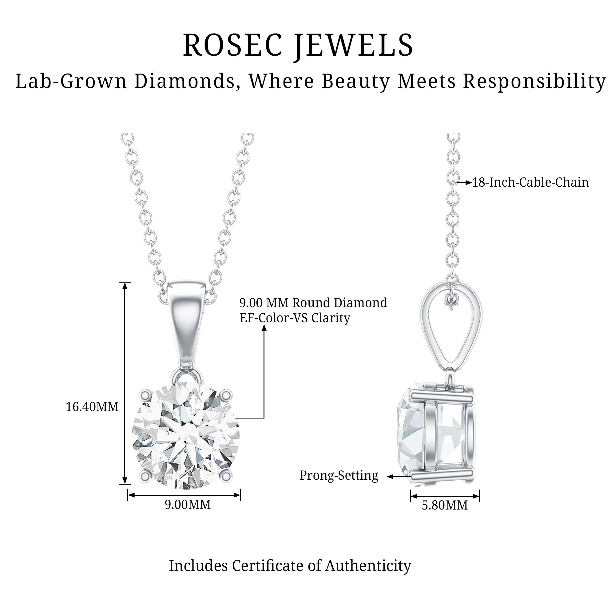 Rosec Jewels-3 Carat Solitaire Lab Grown Diamond Pendant with IGI Certificate