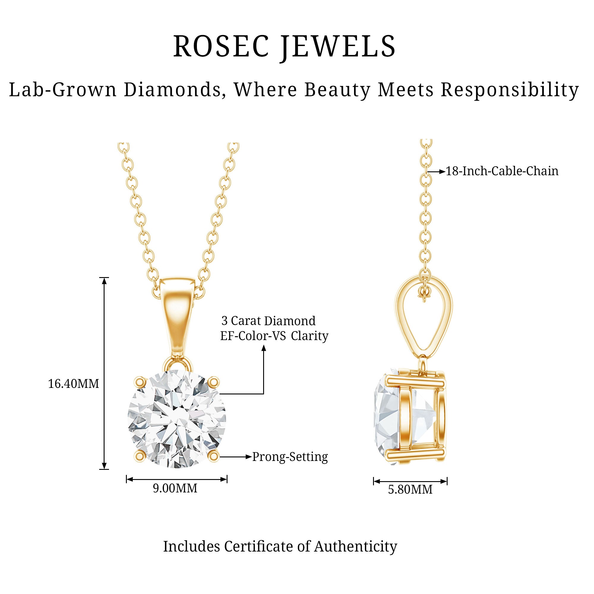 3 Carat Solitaire Lab Grown Diamond Pendant with IGI Certificate Lab - ( E-VS1 ) - Rosec Jewels