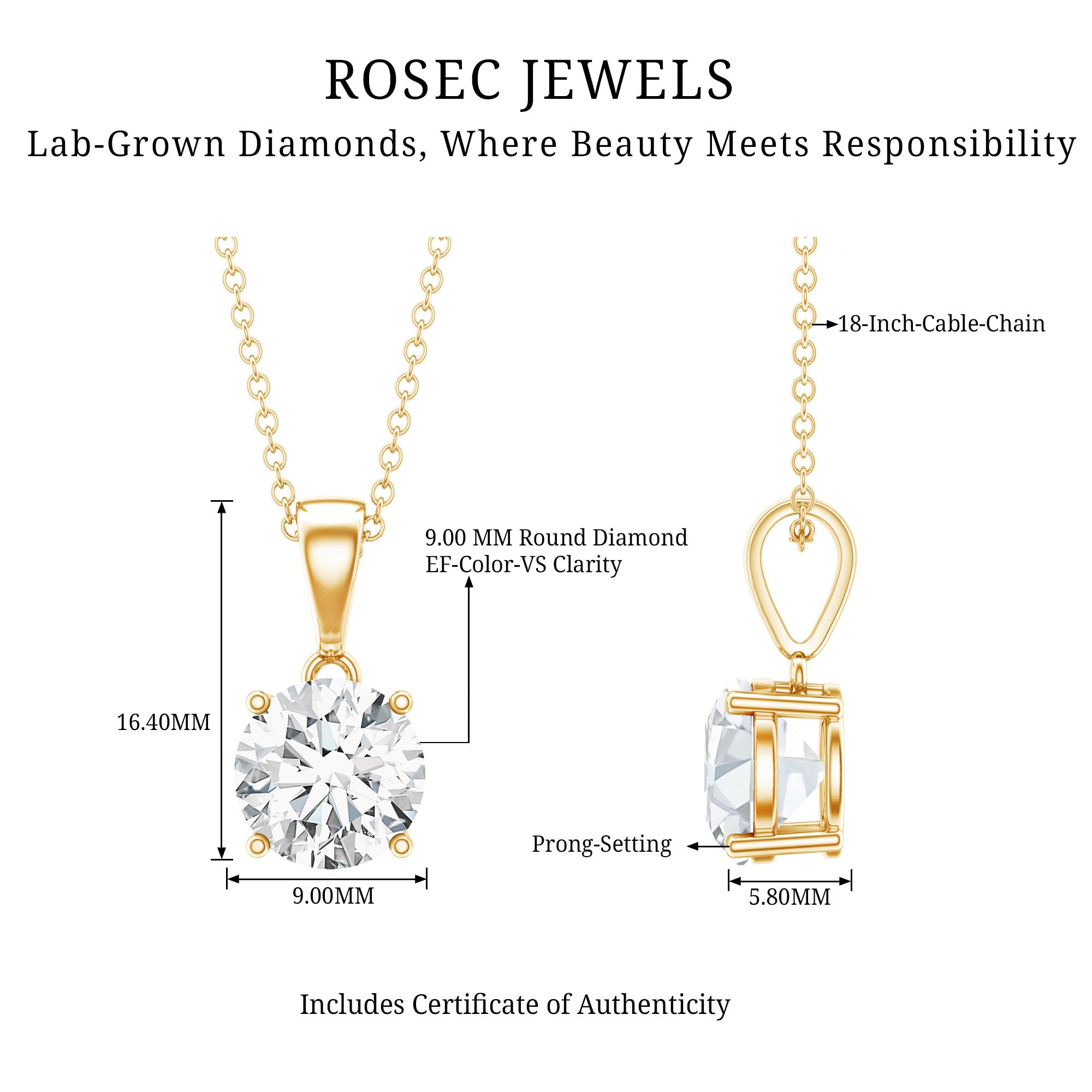 Rosec Jewels-3 Carat Solitaire Lab Grown Diamond Pendant with IGI Certificate