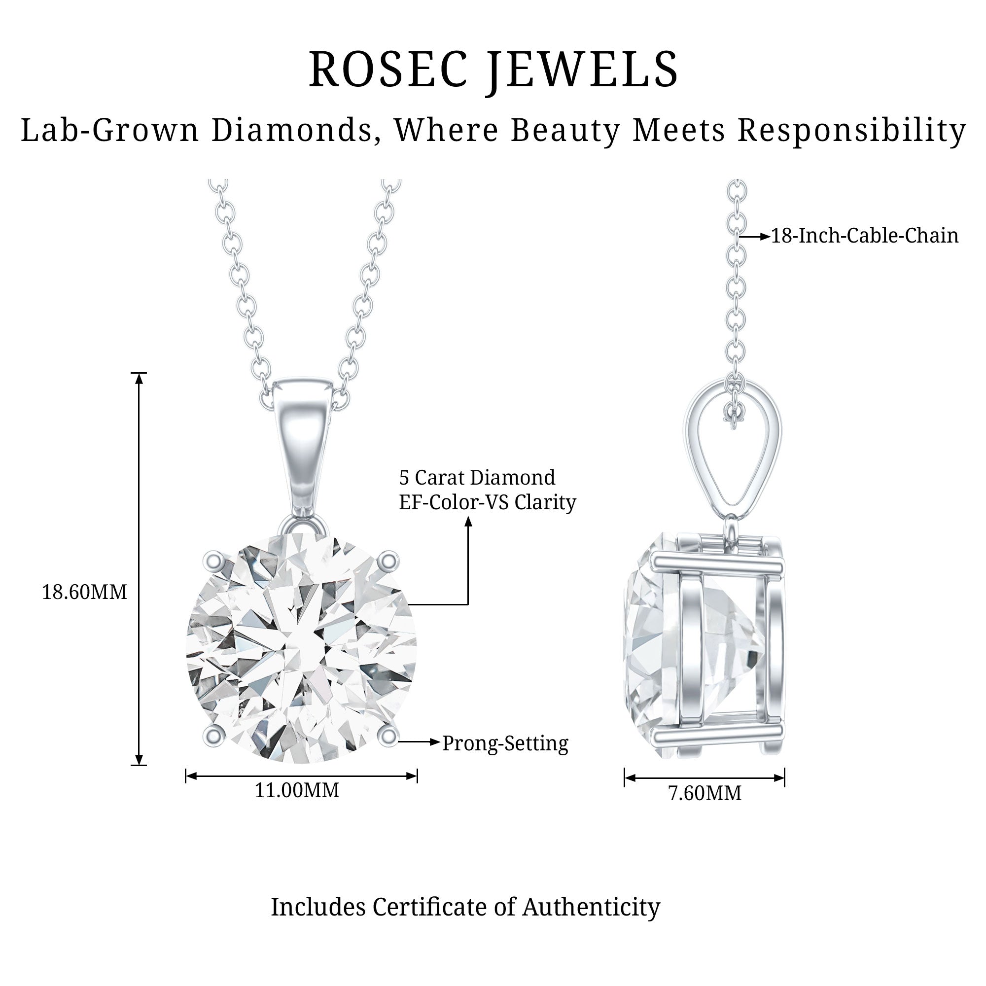 5 Carat IGI Certified Lab Grown Diamond Bridal Necklace Lab - ( E-VS1 ) - Rosec Jewels