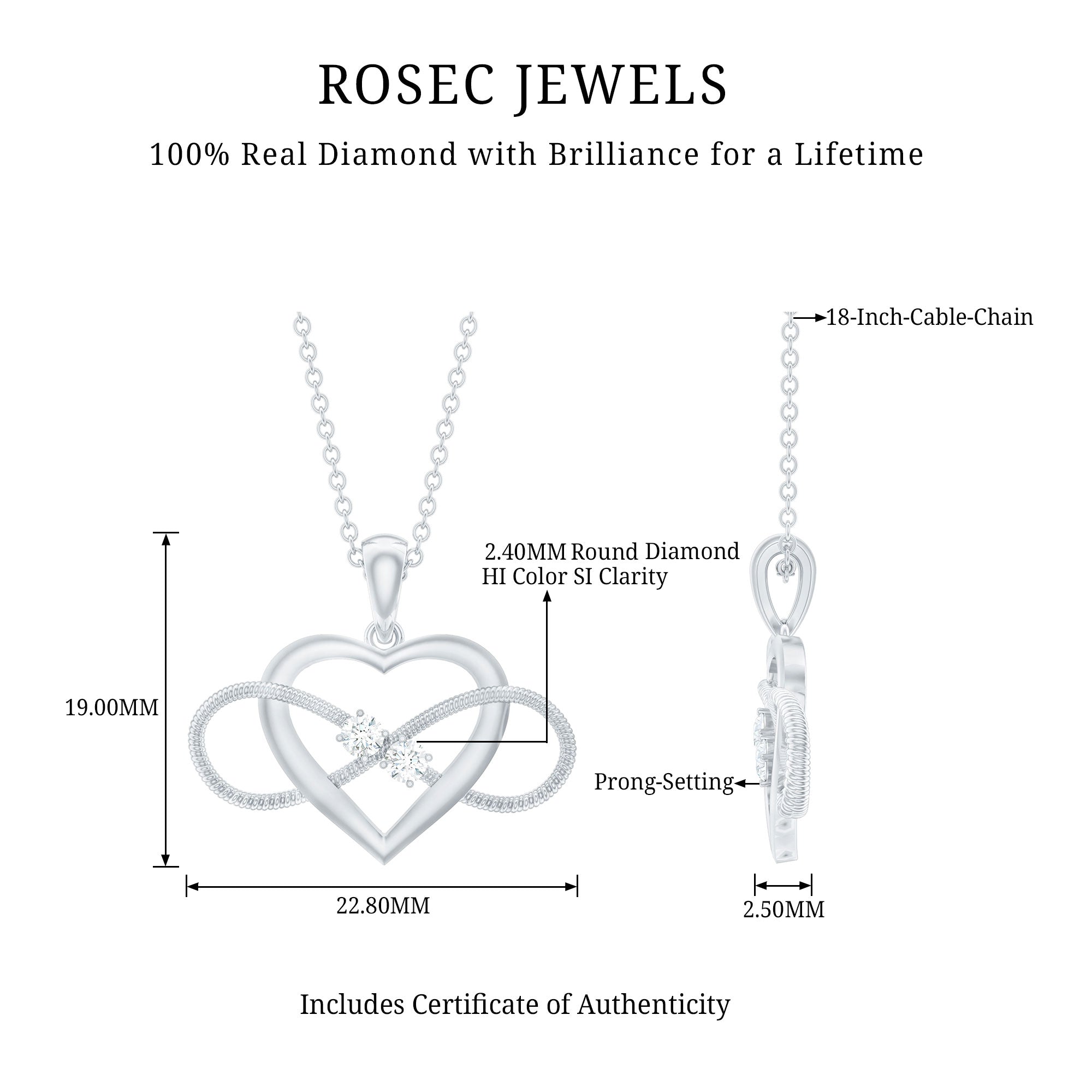 Natural Diamond Infinity Heart Necklace For Her Natural - ( HI-SI ) - Rosec Jewels