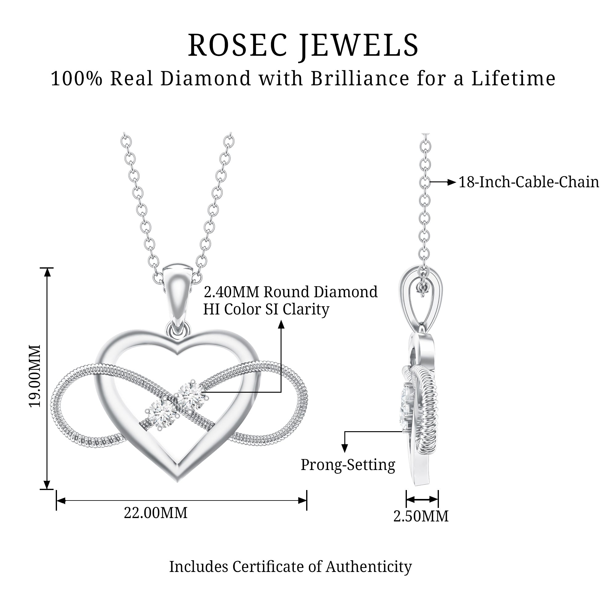 Natural Diamond Infinity Heart Necklace For Her Natural - ( HI-SI ) - Rosec Jewels