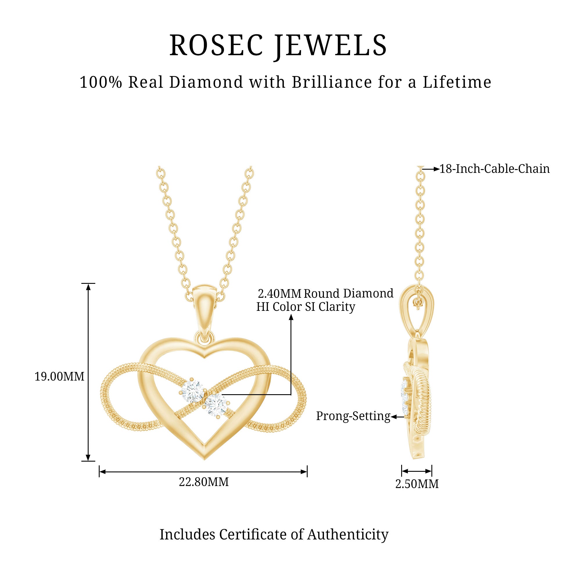 Natural Diamond Infinity Heart Necklace For Her Natural - ( HI-SI ) - Rosec Jewels
