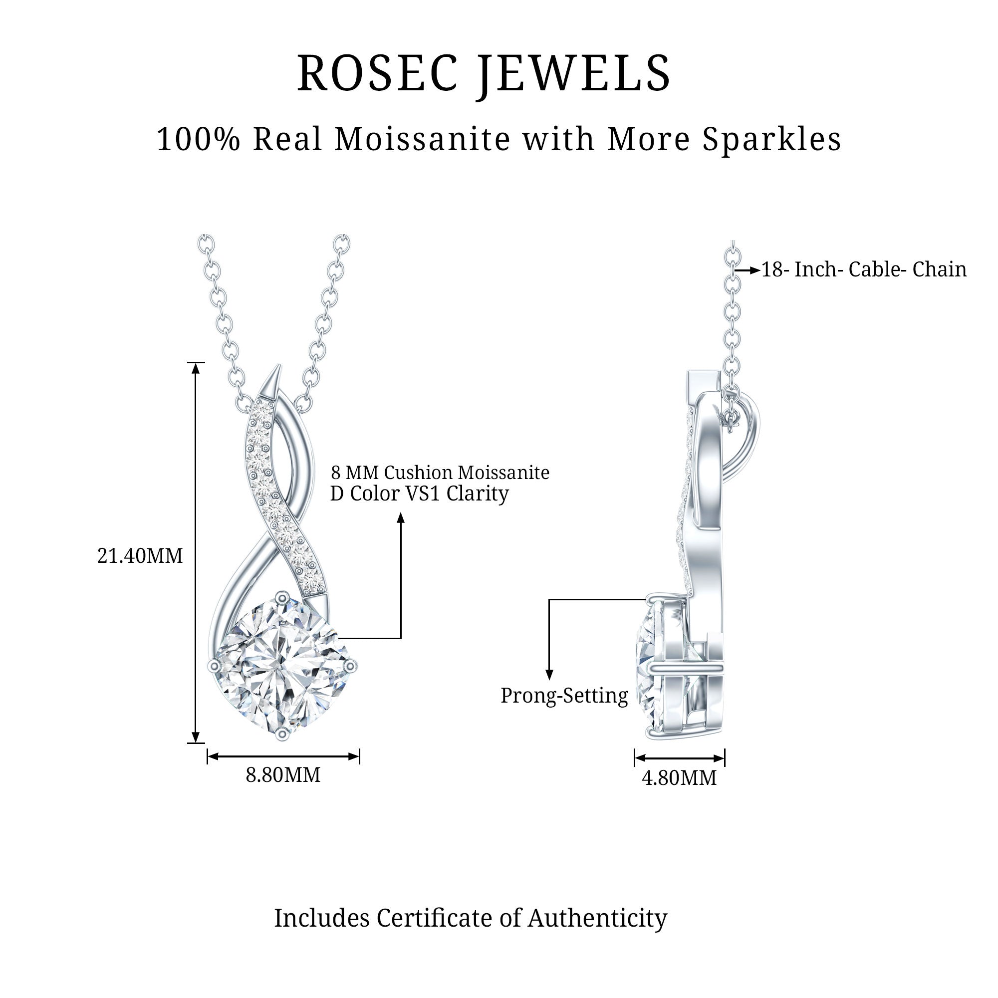 Cushion Cut Moissanite Infinity Promise Necklace With Chain D-VS1 - Rosec Jewels
