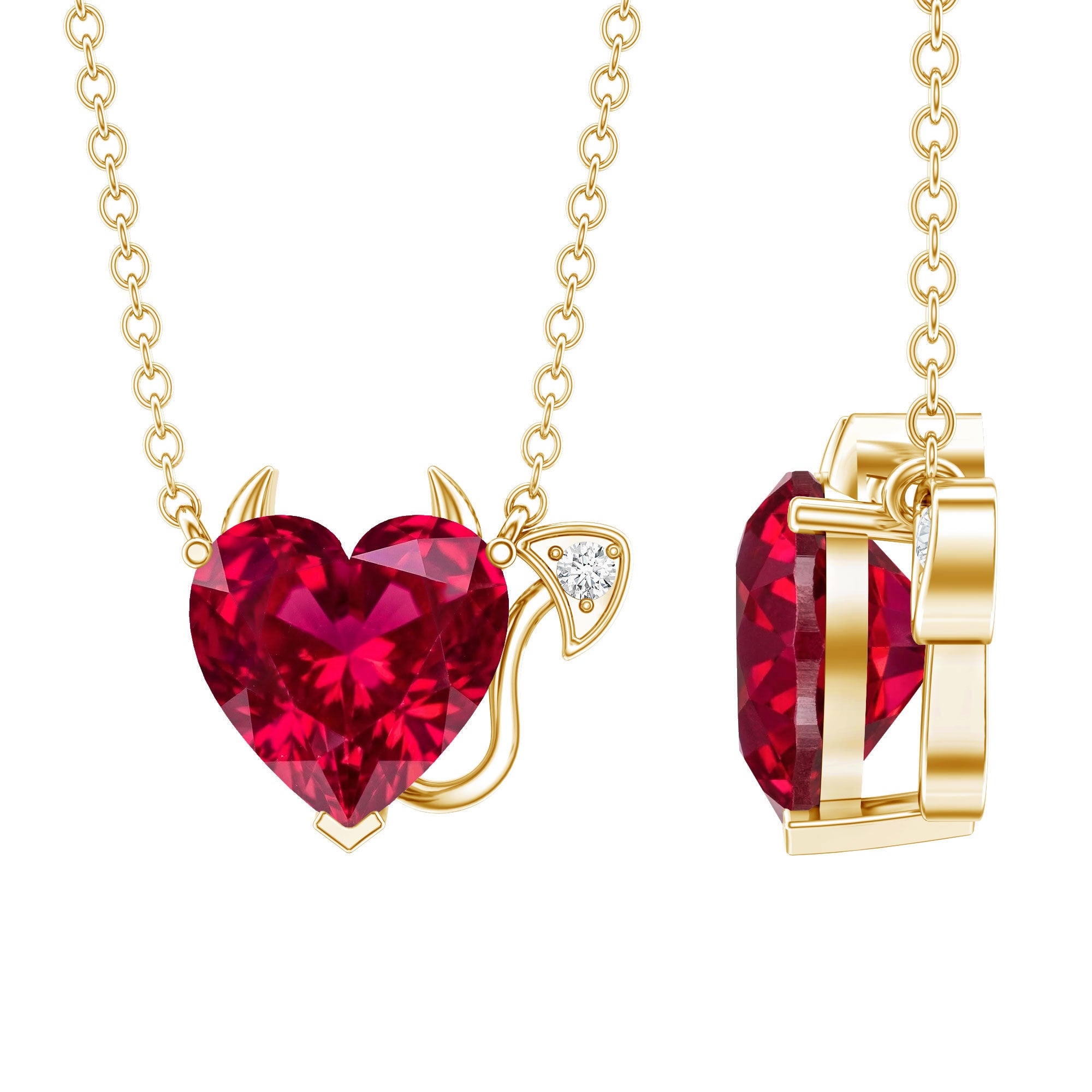 Lab Grown Ruby Devil Heart Necklace with Diamond AAAA - Rosec Jewels