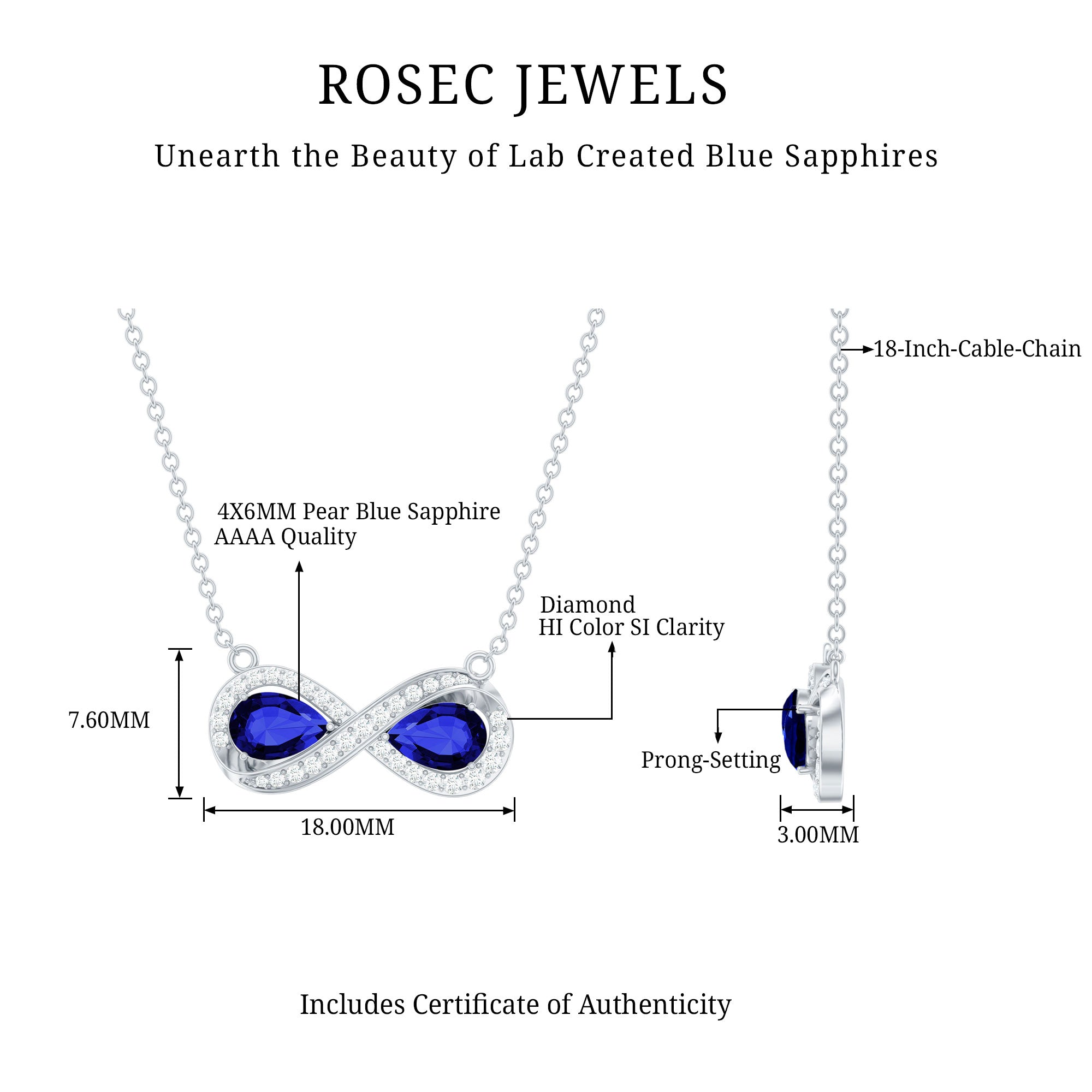 Lab Grown Blue Sapphire Infinity Necklace With Diamond Accent AAAA - Rosec Jewels
