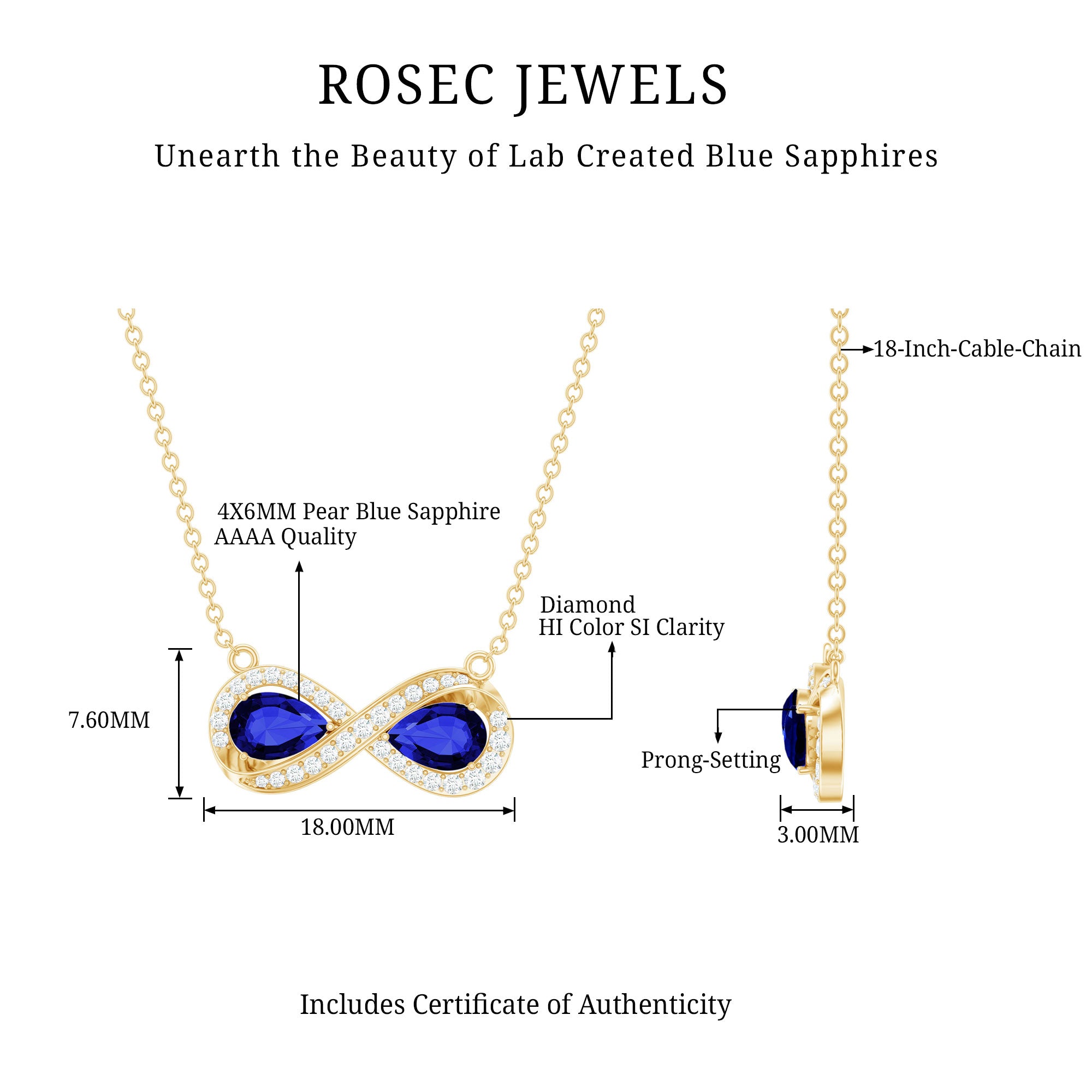 Lab Grown Blue Sapphire Infinity Necklace With Diamond Accent AAAA - Rosec Jewels