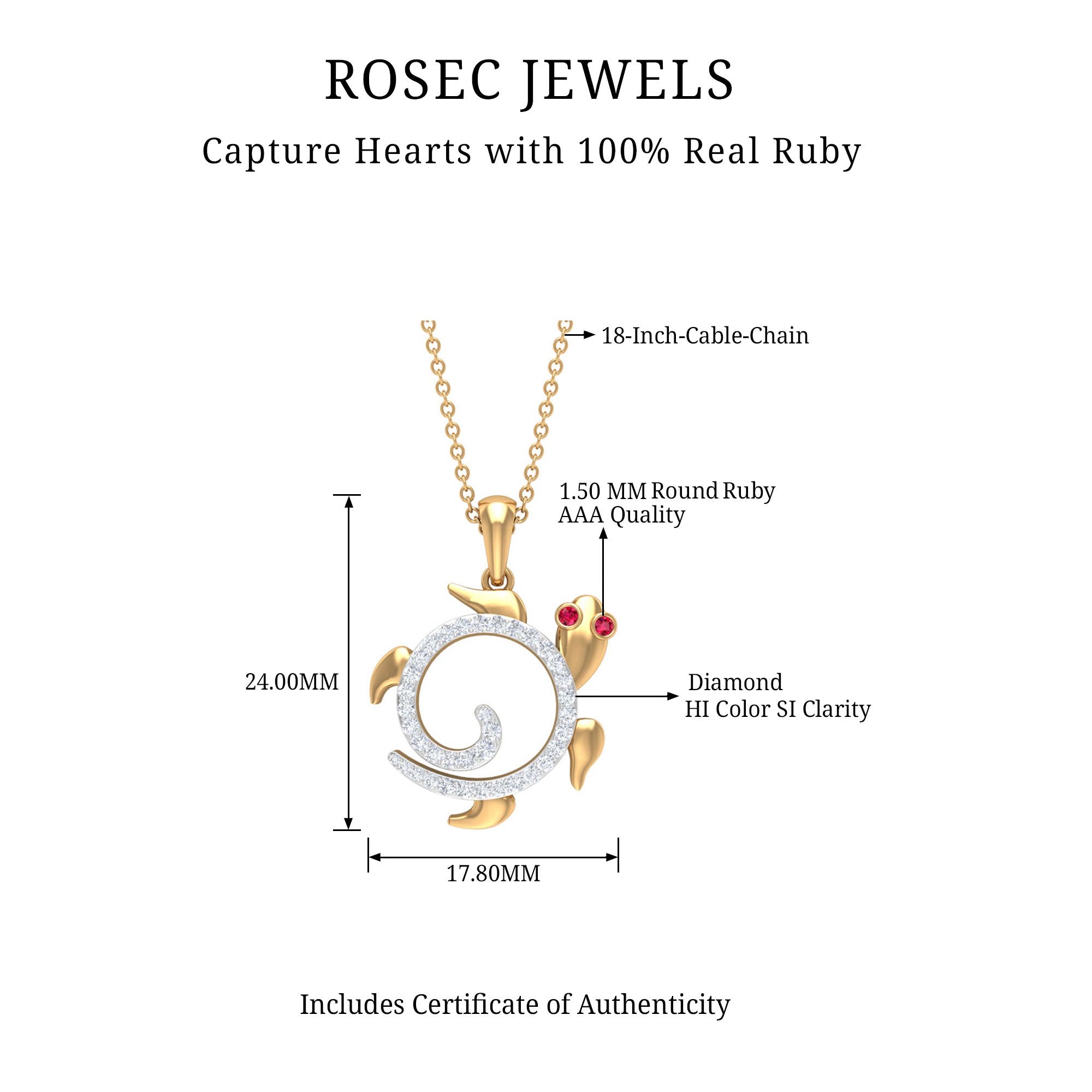 Ruby and Diamond Turtle Necklace With Chain AAA - Rosec Jewels