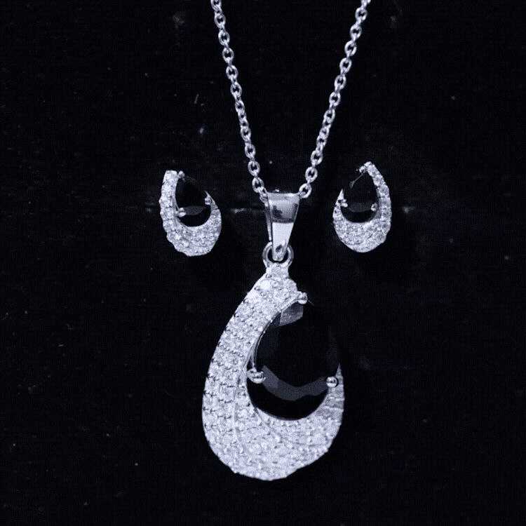 Natural 3 Carat Black Onyx Teardrop Necklace and Earrings Set with Certificate AAA - Rosec Jewels