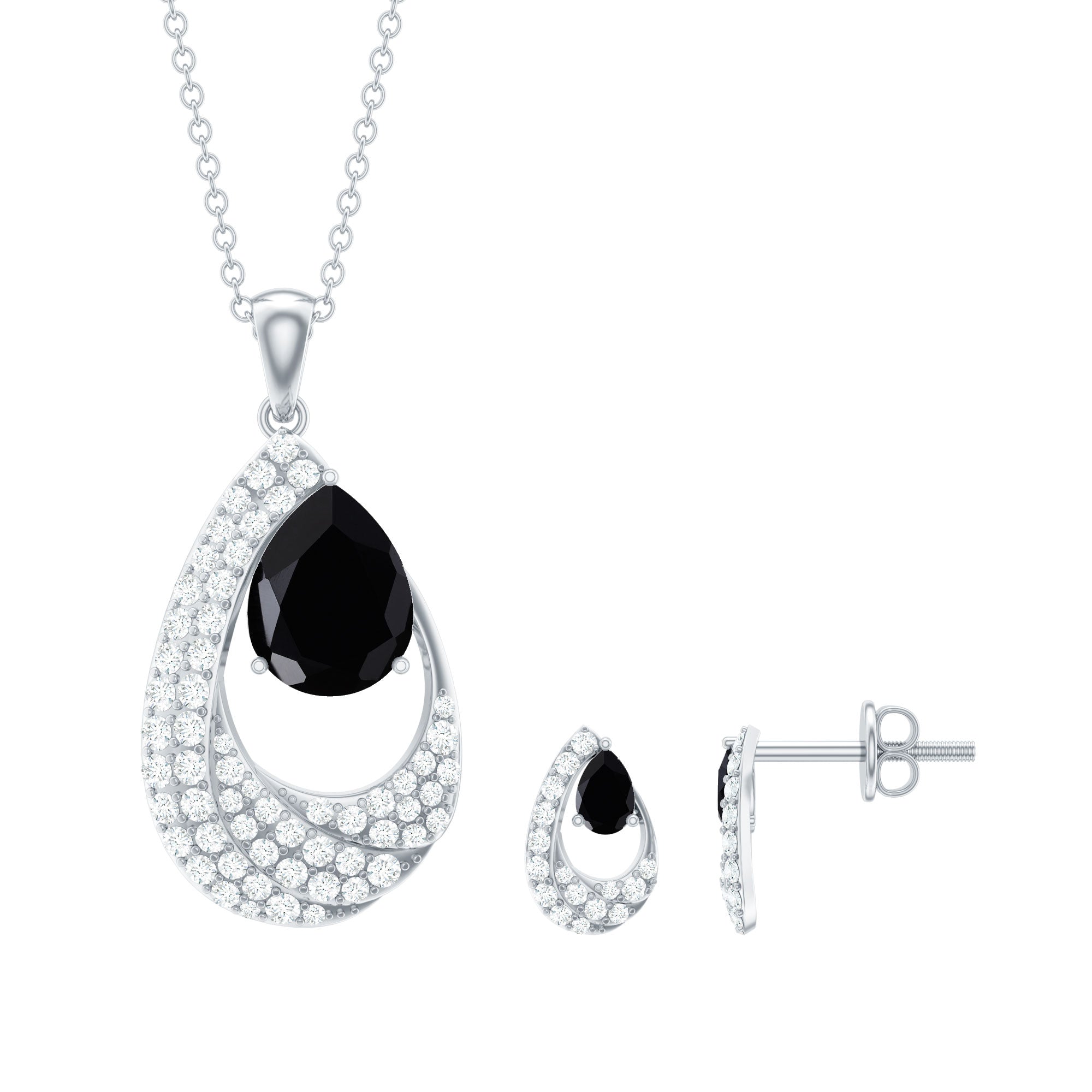 Natural 3 Carat Black Onyx Teardrop Necklace and Earrings Set with Certificate AAA - Rosec Jewels