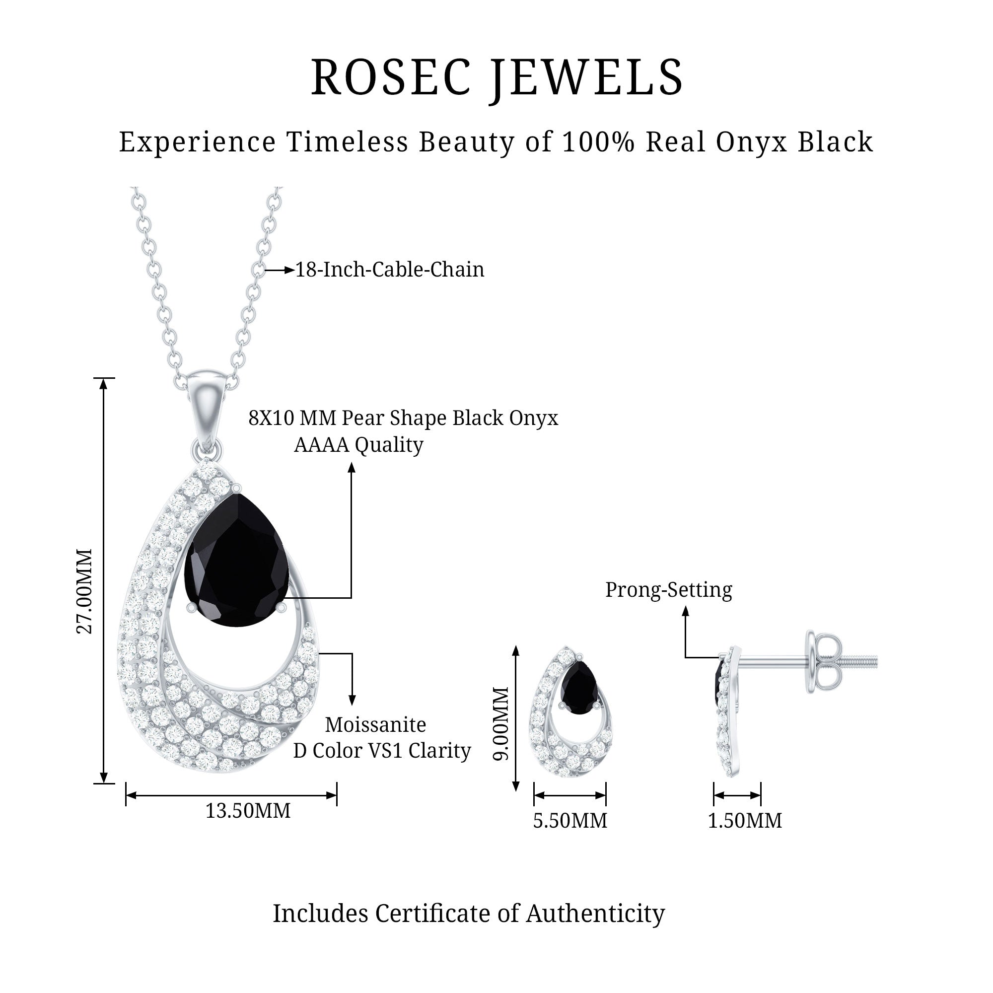 Natural 3 Carat Black Onyx Teardrop Necklace and Earrings Set with Certificate AAA - Rosec Jewels