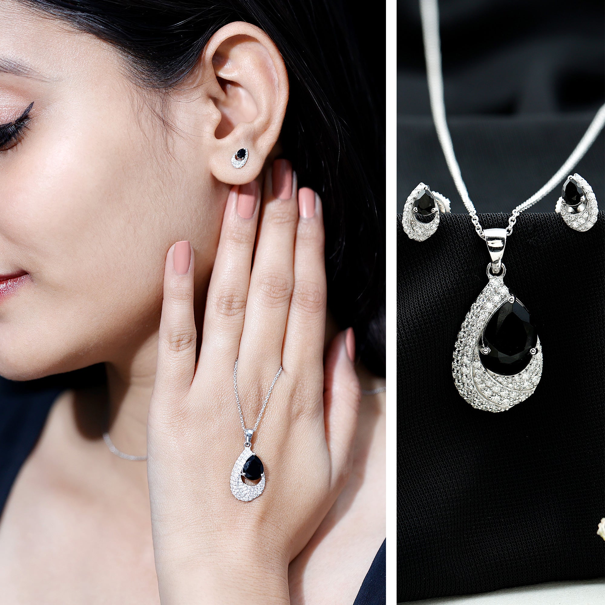 Natural 3 Carat Black Onyx Teardrop Necklace and Earrings Set with Certificate AAA - Rosec Jewels