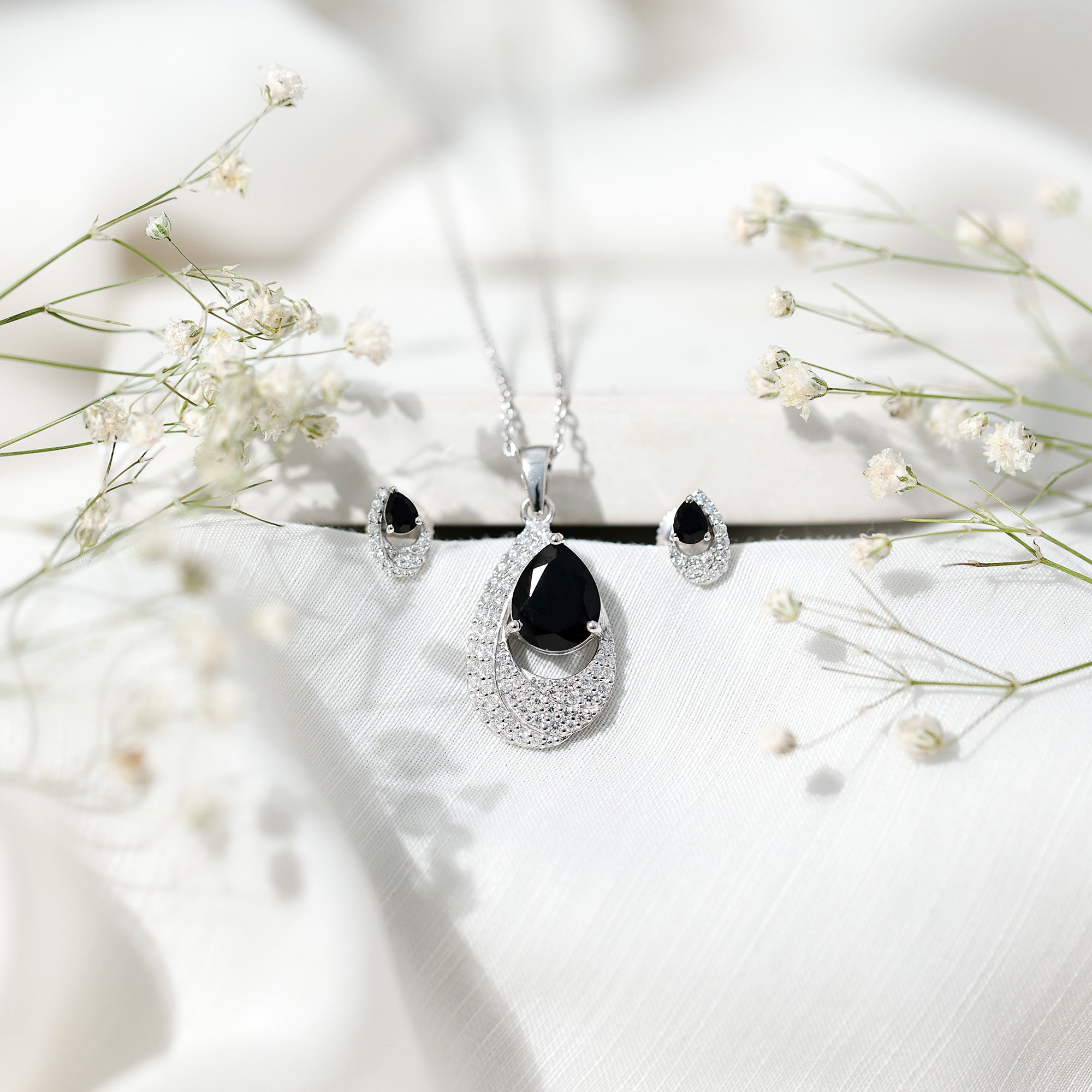 Natural 3 Carat Black Onyx Teardrop Necklace and Earrings Set with Certificate AAA - Rosec Jewels