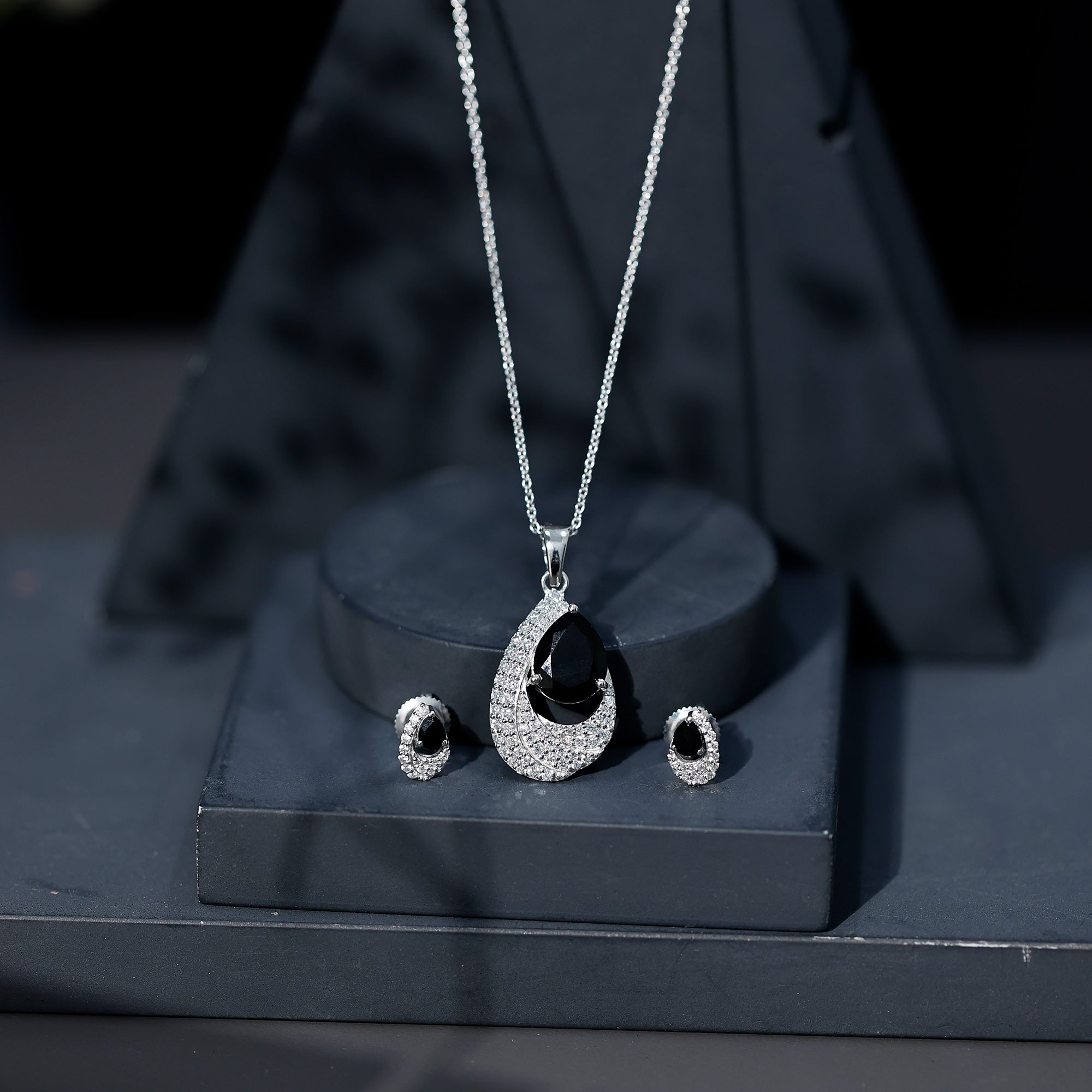 Natural 3 Carat Black Onyx Teardrop Necklace and Earrings Set with Certificate AAA - Rosec Jewels