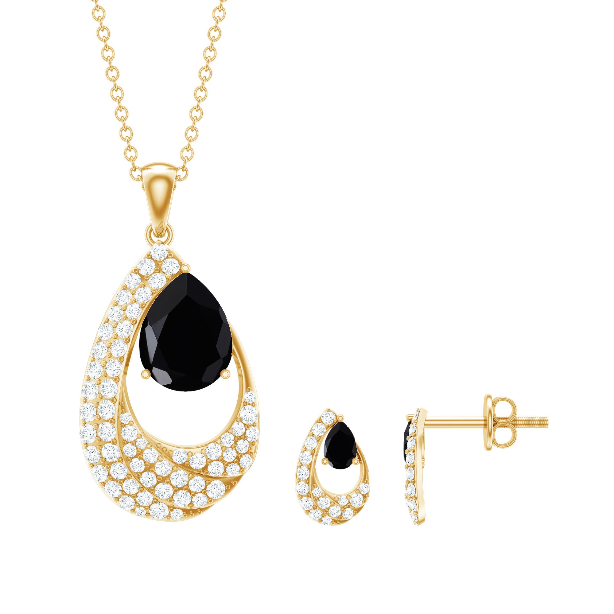 Natural 3 Carat Black Onyx Teardrop Necklace and Earrings Set with Certificate AAA - Rosec Jewels