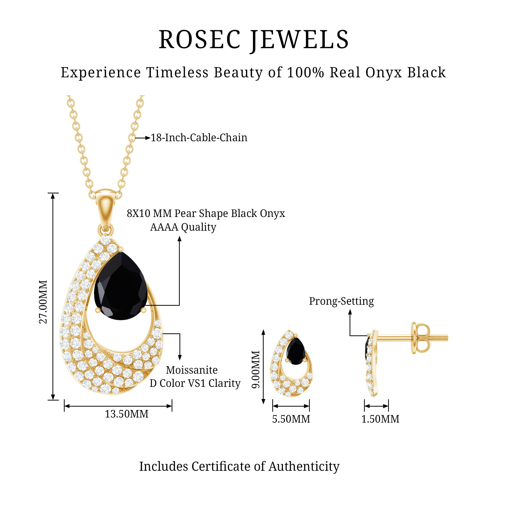 Natural 3 Carat Black Onyx Teardrop Necklace and Earrings Set with Certificate AAA - Rosec Jewels