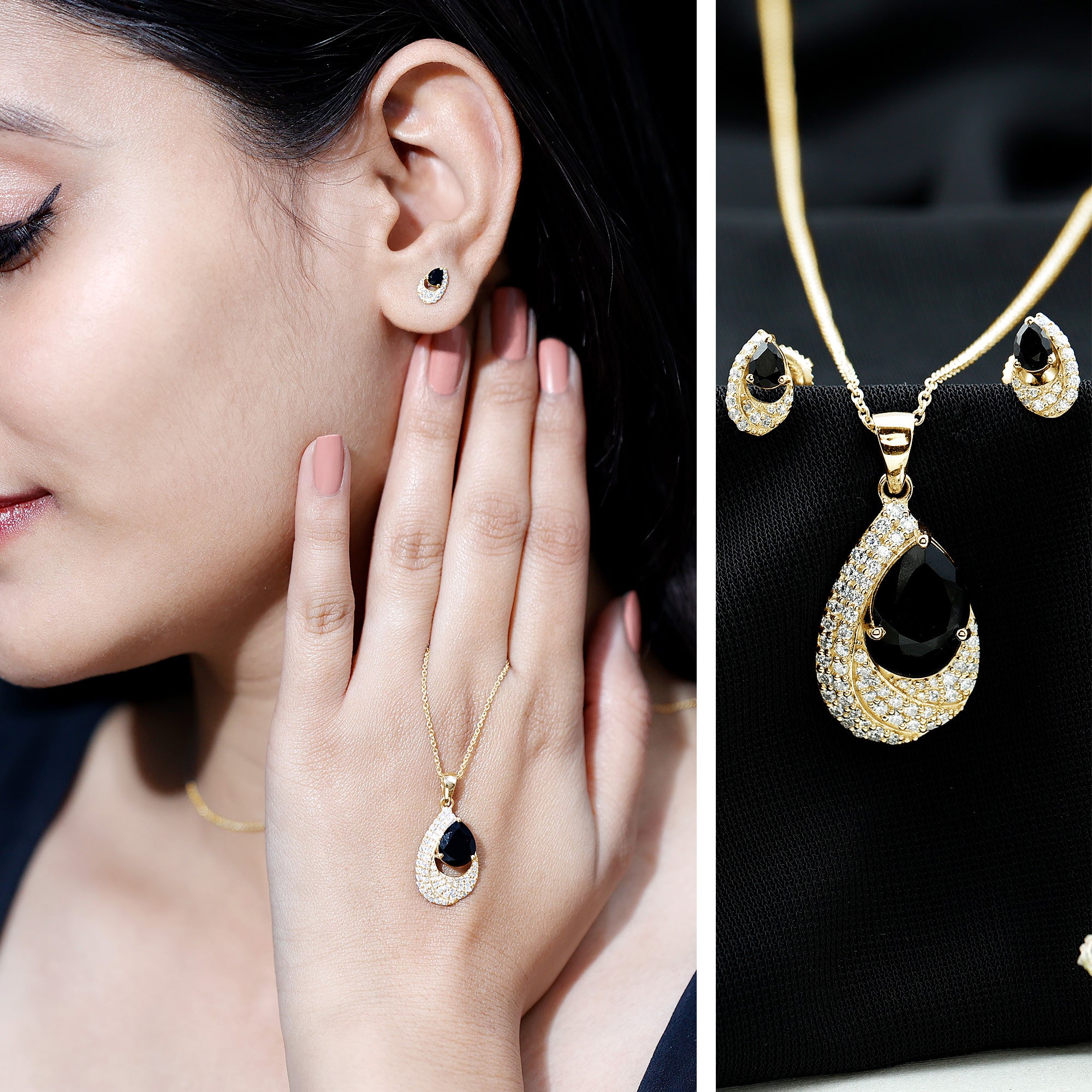 Natural 3 Carat Black Onyx Teardrop Necklace and Earrings Set with Certificate AAA - Rosec Jewels