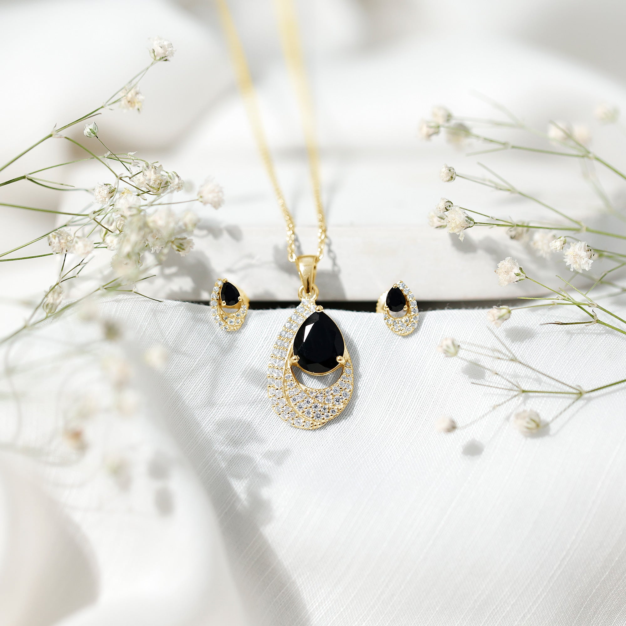 Natural 3 Carat Black Onyx Teardrop Necklace and Earrings Set with Certificate AAA - Rosec Jewels