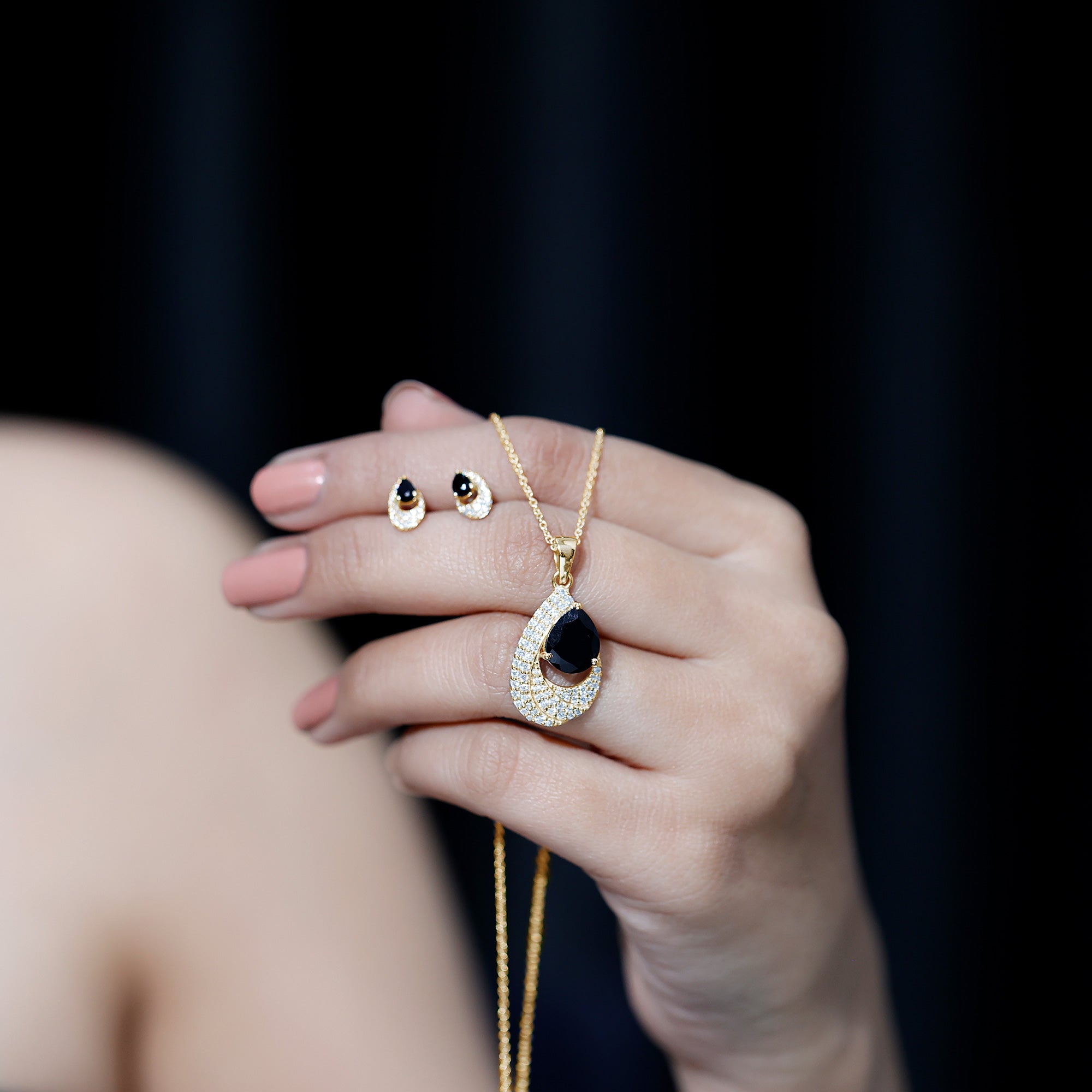Natural 3 Carat Black Onyx Teardrop Necklace and Earrings Set with Certificate AAA - Rosec Jewels